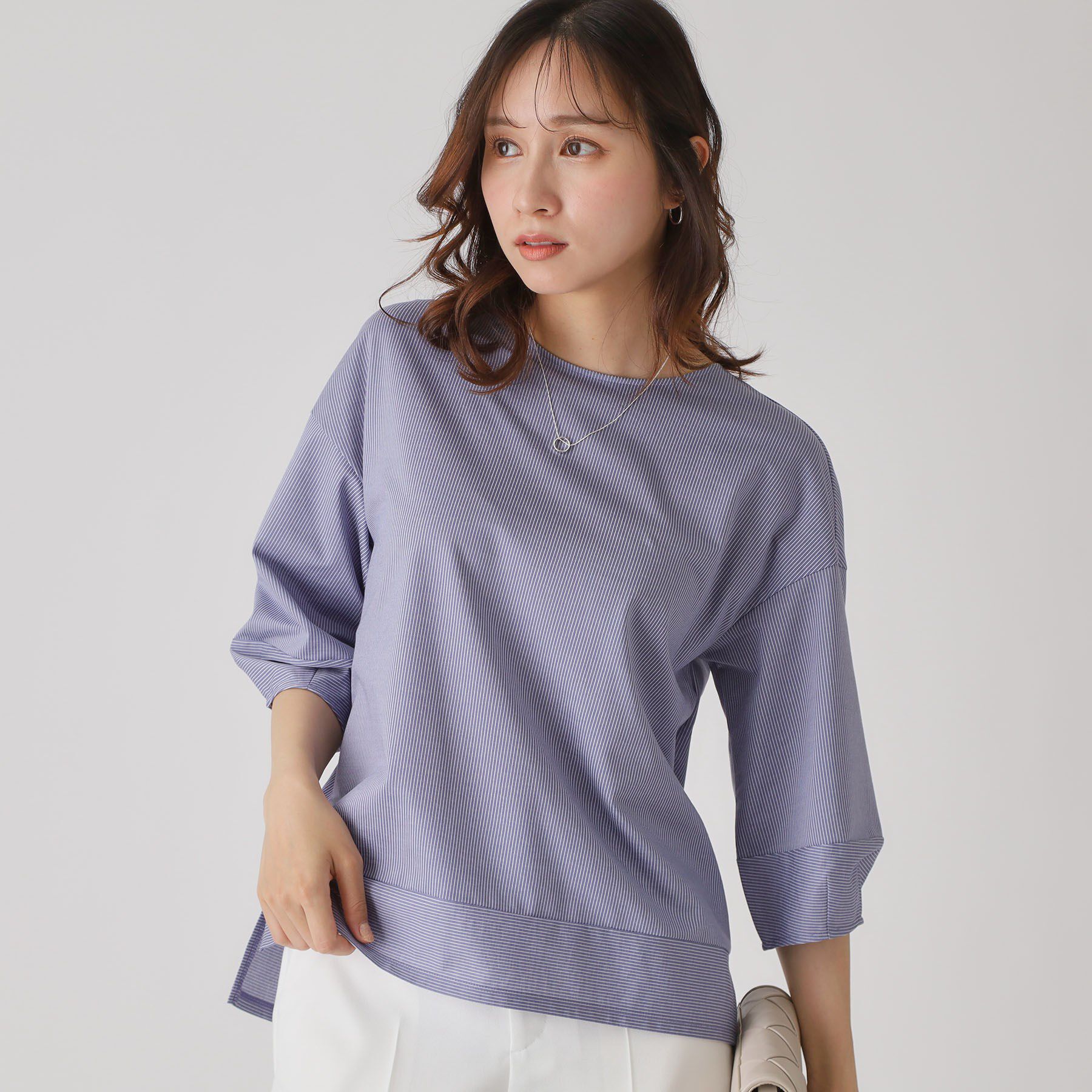 COUP DE CHANCE「【洗える／日本製／】ストライプ柄ジャージのトップス」|Tシャツ・カットソー|ネイビー(395)