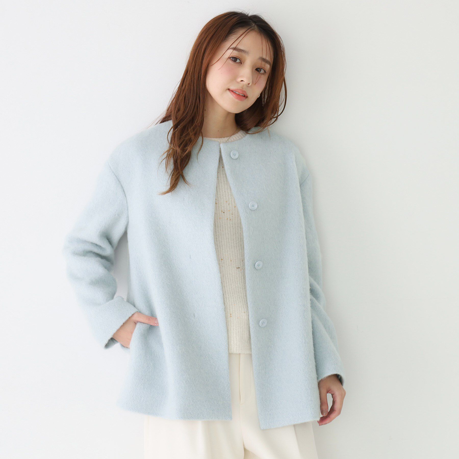 COUP DE CHANCE「【日本製／モヘヤ混／ヒップ丈】ノーカラーコート」|ノーカラーコート|サックスブルー(09