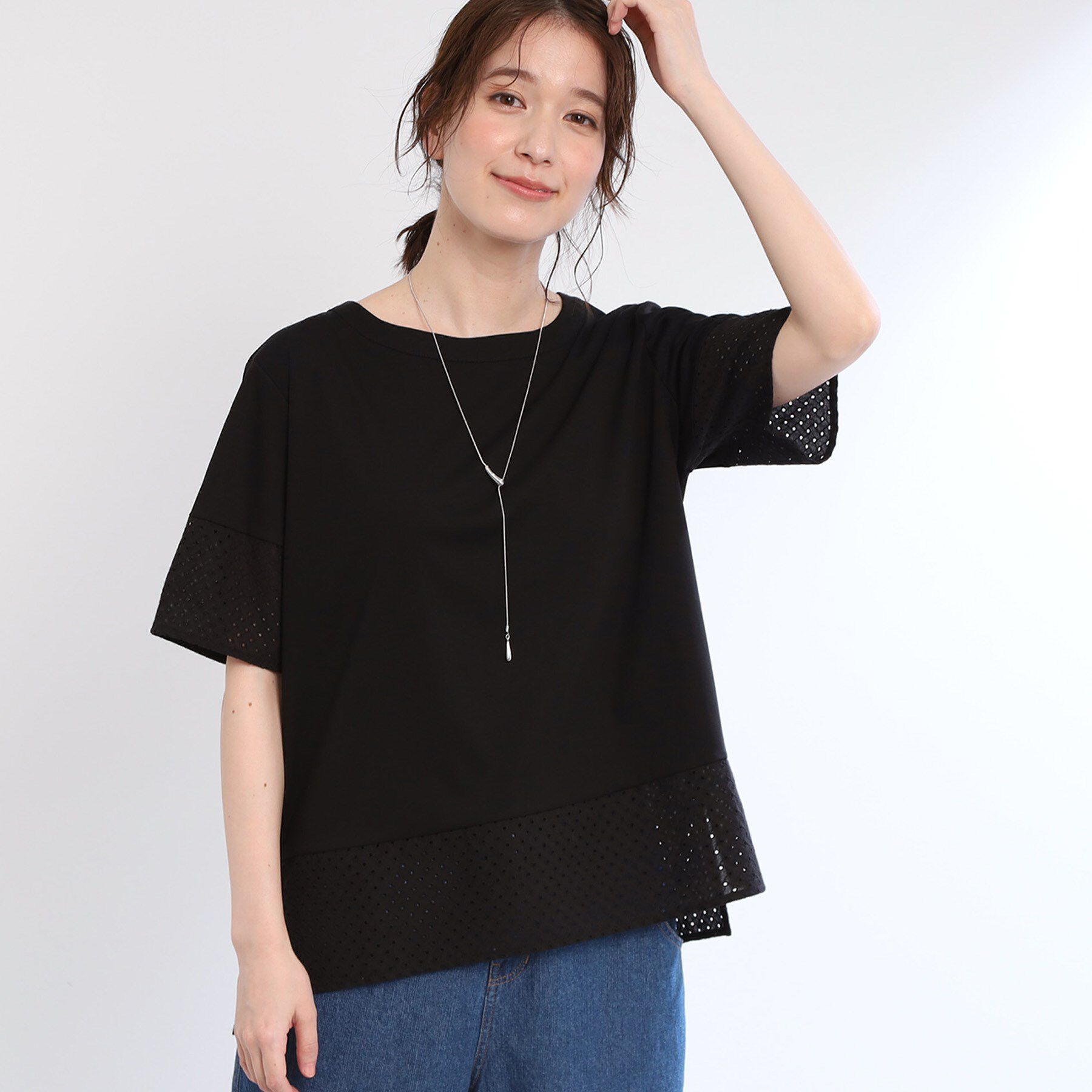 Reflect「【夏SALE／E‐QUALITY／手洗い可】コットンレースドッキングTシャツ」|Tシャツ・カットソー|ブラック(019)
