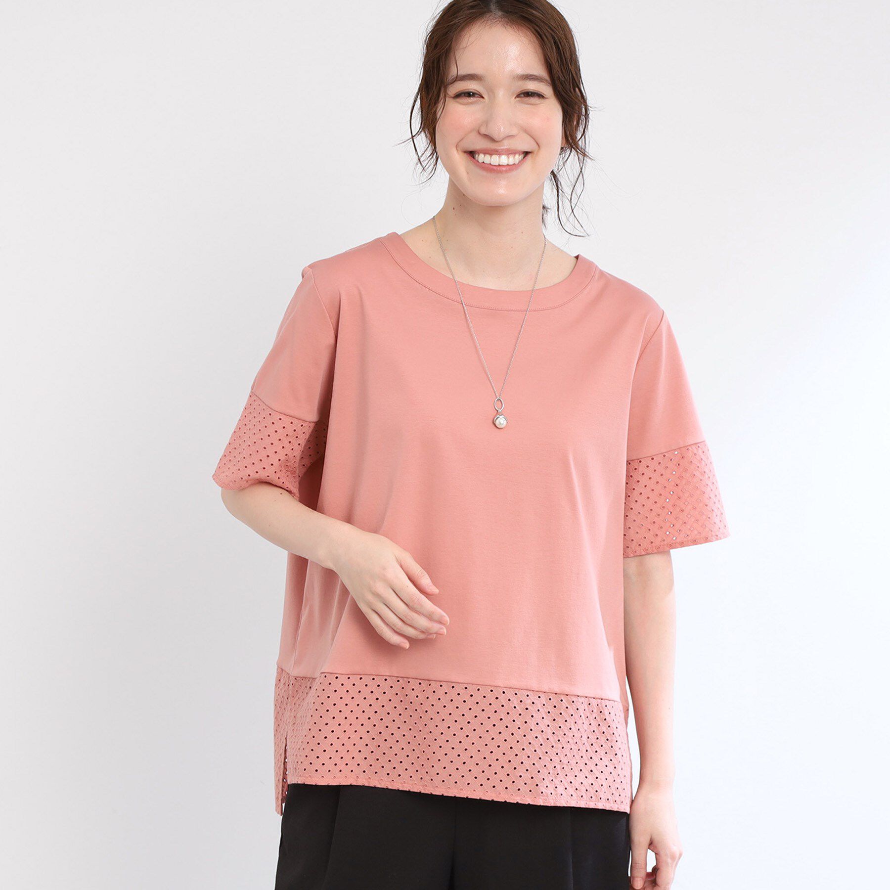 Reflect「【夏SALE／E‐QUALITY／手洗い可】コットンレースドッキングTシャツ」|Tシャツ・カットソー|オレンジ(066)