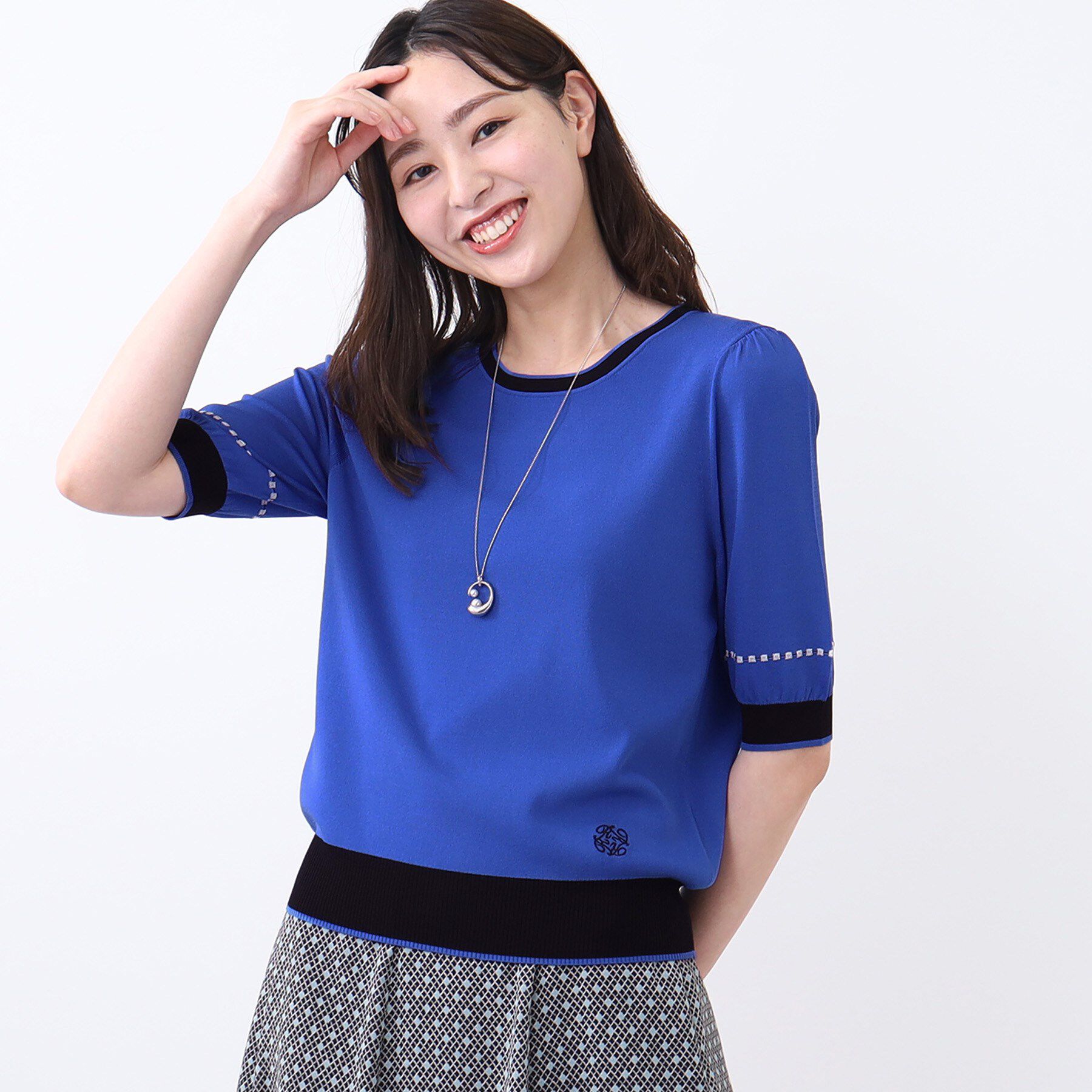 Reflect「【WEB先行カラーあり／手洗い可／アンサンブル可】バイカラー五分袖ニット」|ニット・セーター|ブルー(593)