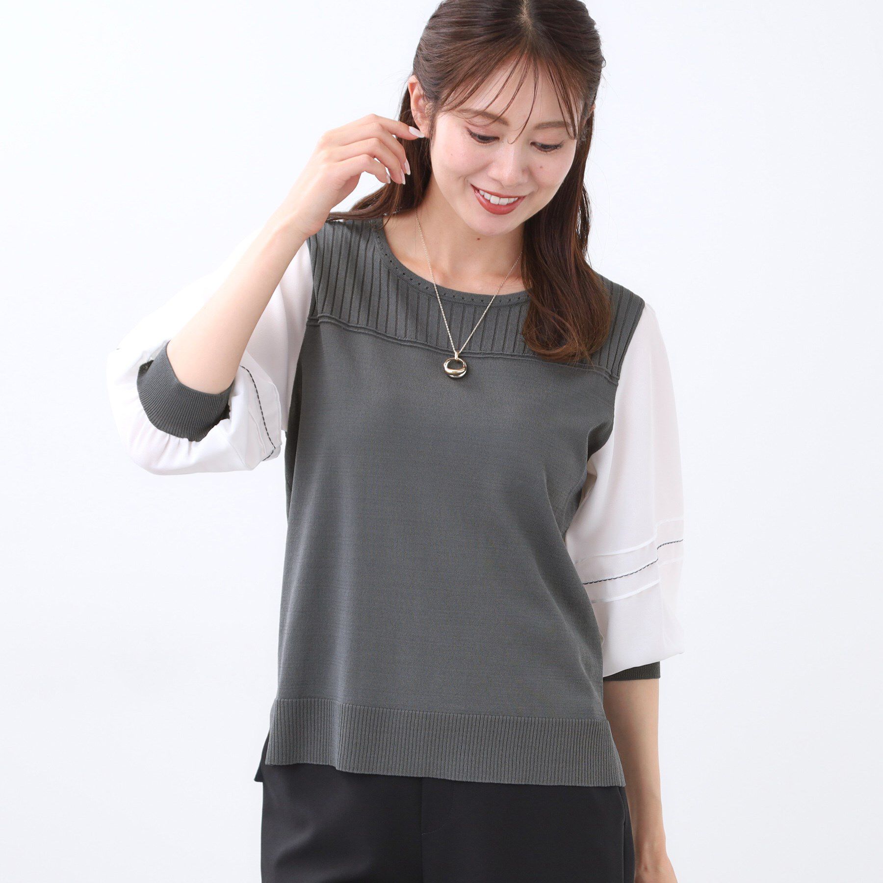 Reflect「【WEB先行カラーあり／手洗い可】ジョーゼットスリーブ&times;ニット」|Tシャツ・カットソー|チャコールグレー(5