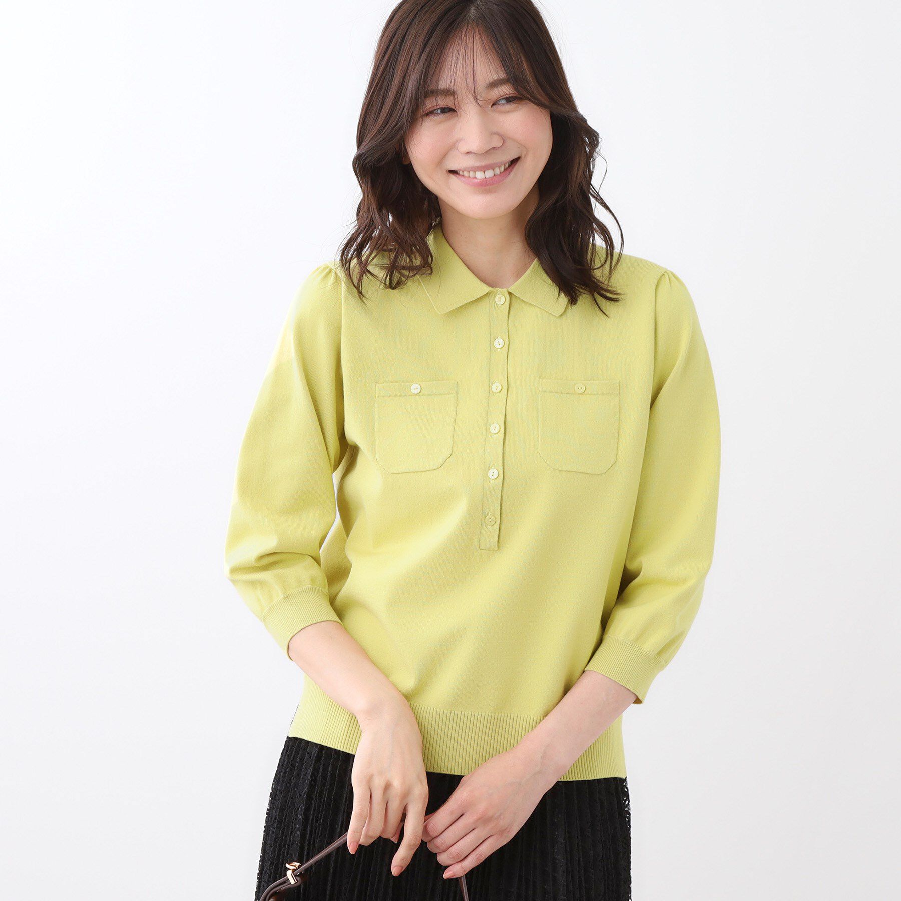 Reflect「【透けにくい◎】衿付き七分袖ニット」|ニット・セーター|マスタード(033)