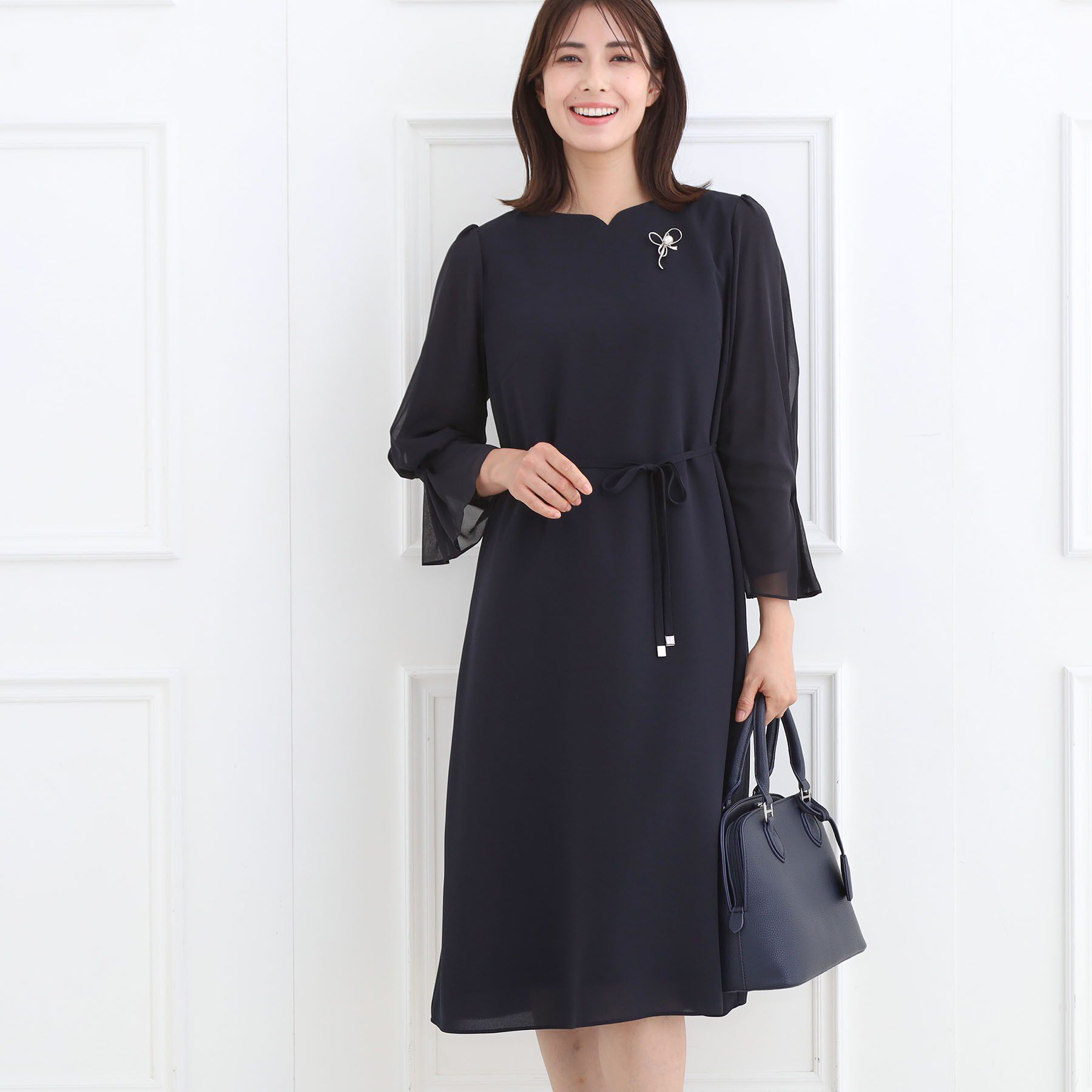 Reflect「【付属リボン付き】スリーブデザインジョーゼットワンピース」|ワンピース|ネイビー(094)