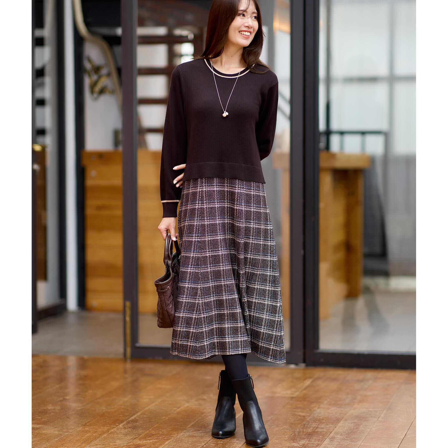 Reflect「【コートインでもすっきり◎】チェック柄ニットドッキングワンピース」|ワンピース|