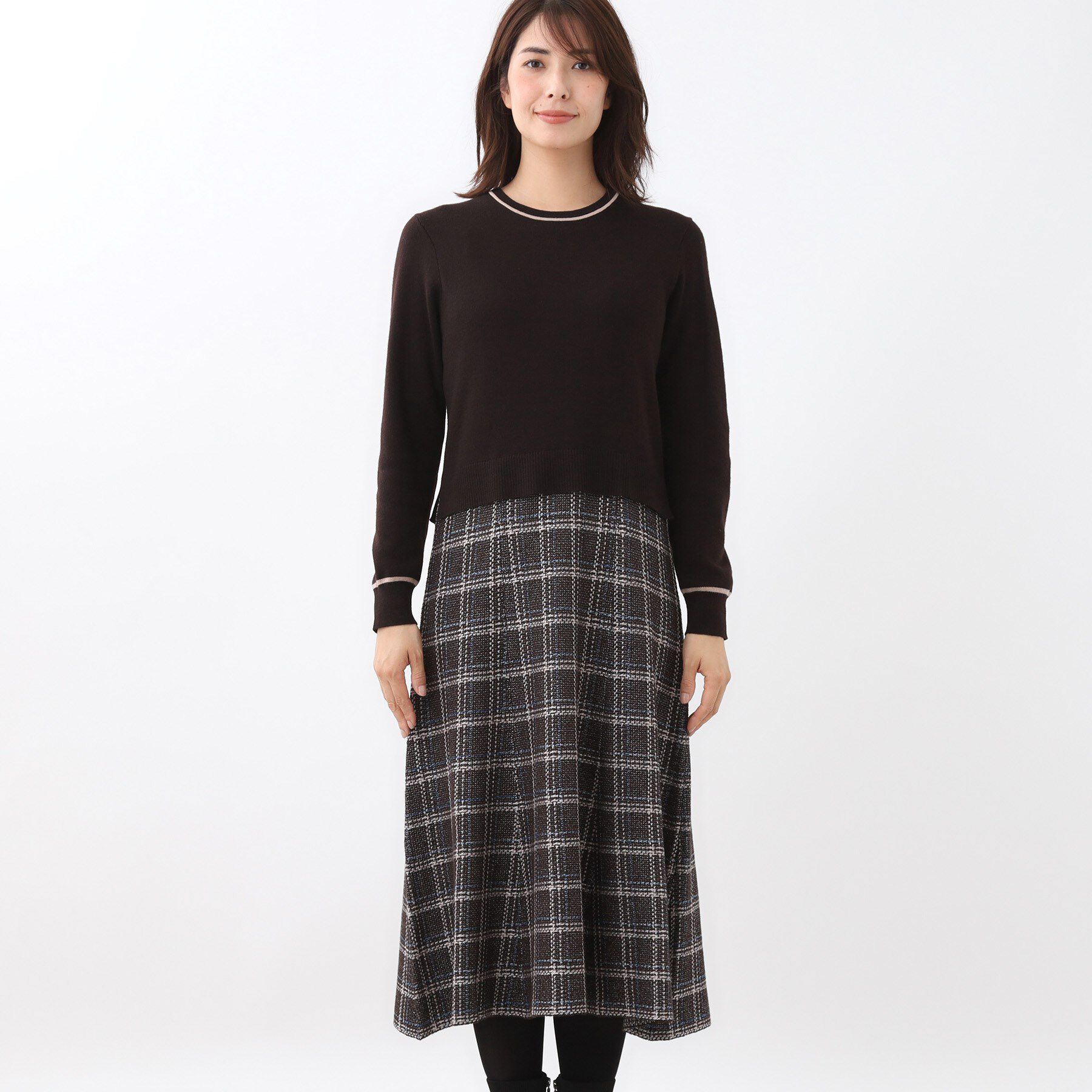 Reflect「【コートインでもすっきり◎】チェック柄ニットドッキングワンピース」|ワンピース|