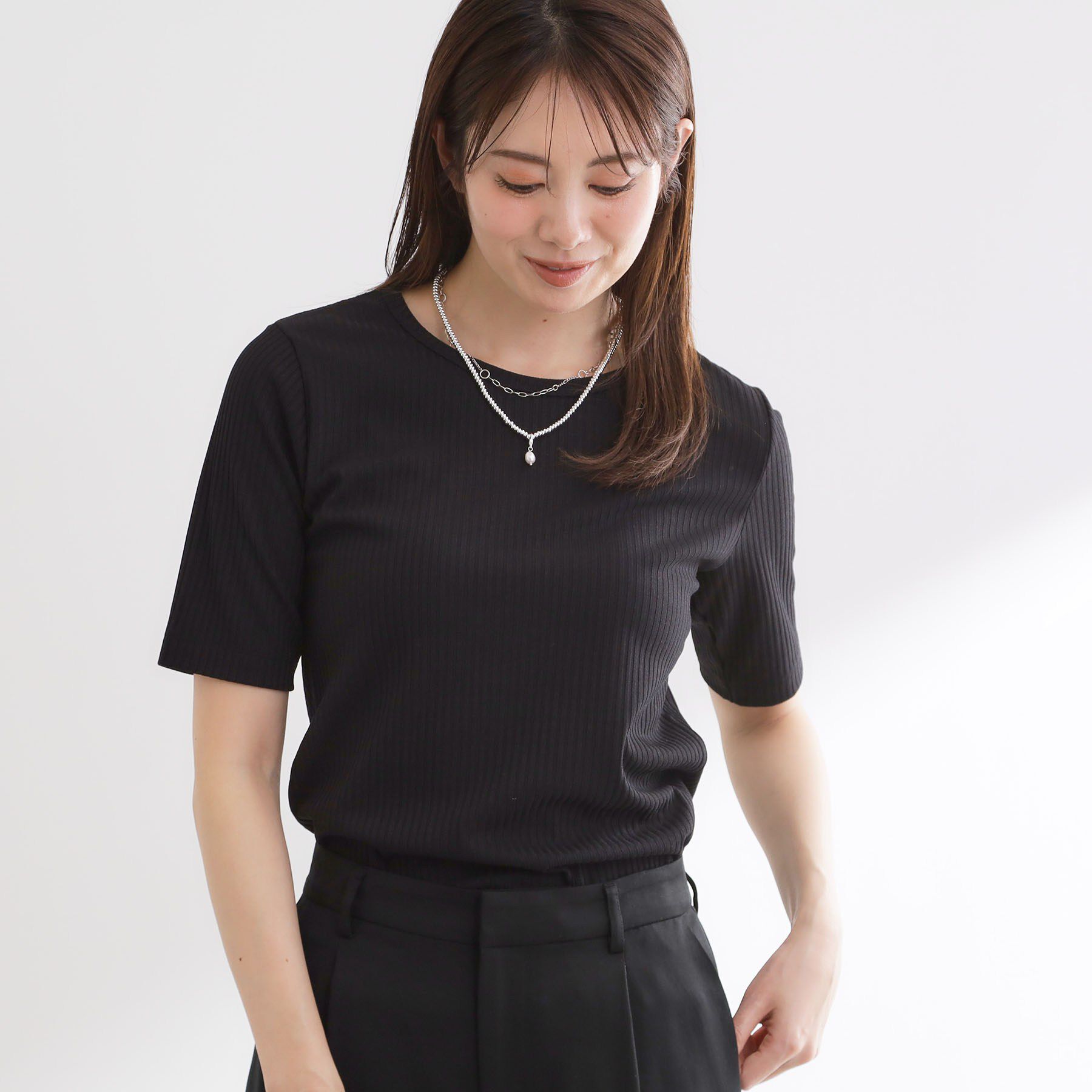 Reflect「【インナーにおすすめ◎】クルーネックストレッチリブトップス」|Tシャツ・カットソー|