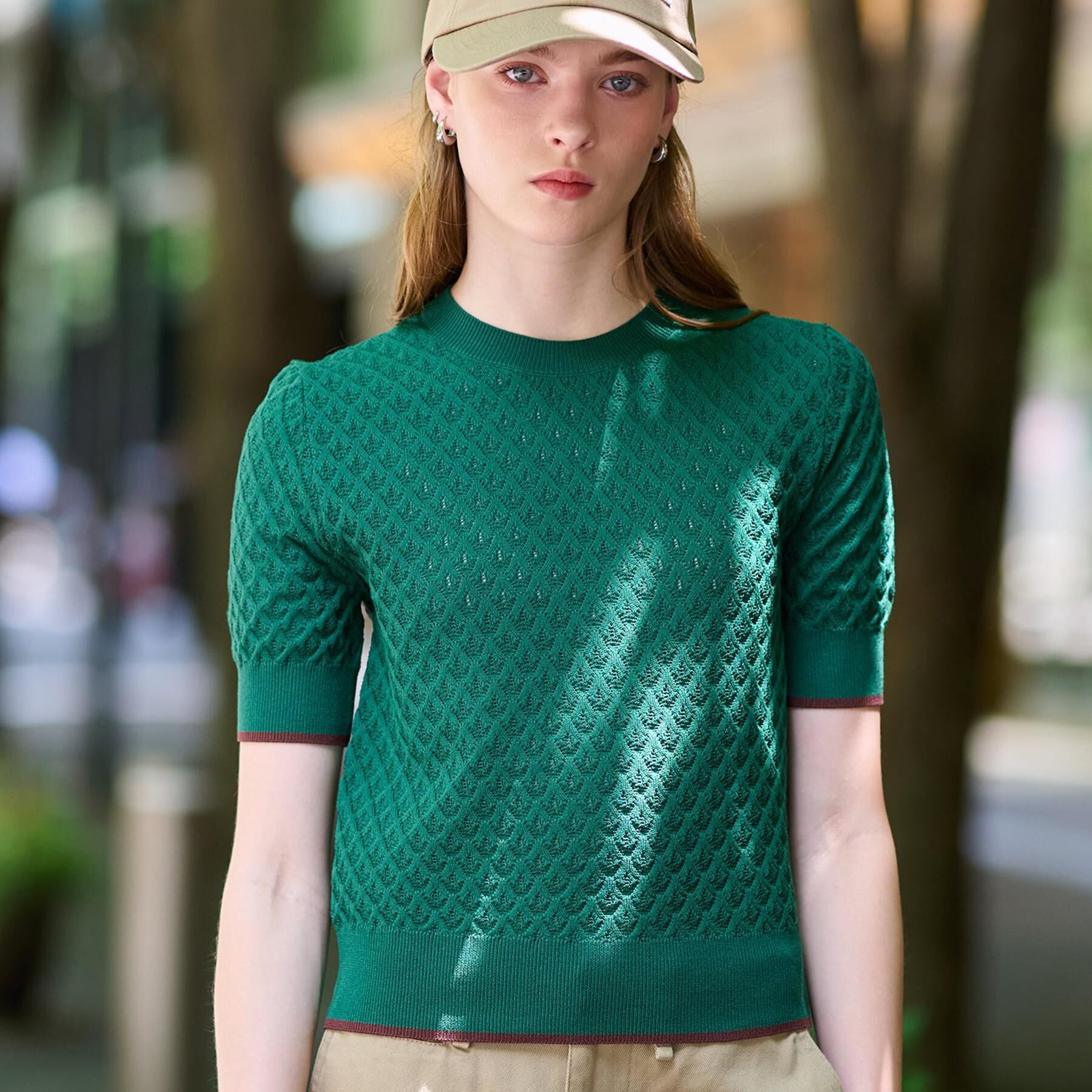 DRESSTERIOR「【6色展開/オンオフ】レース編みハーフスリーブニット」|ニット・セーター|グリーン(024)