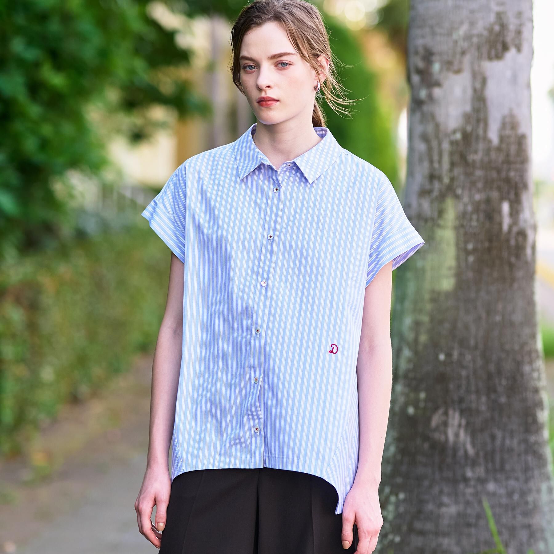 DRESSTERIOR「【洗える/コットン100％】イレギュラーヘムストライプシャツ」|シャツ・ブラウス|ブルー(391)