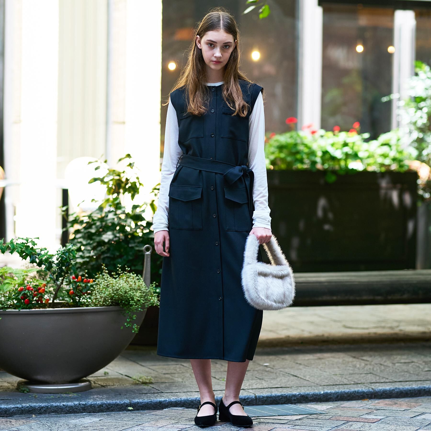 DRESSTERIOR「【洗える/前開きボタン】ウォッシャブルツイードライクワンピース」|ワンピース|ブラック(019)