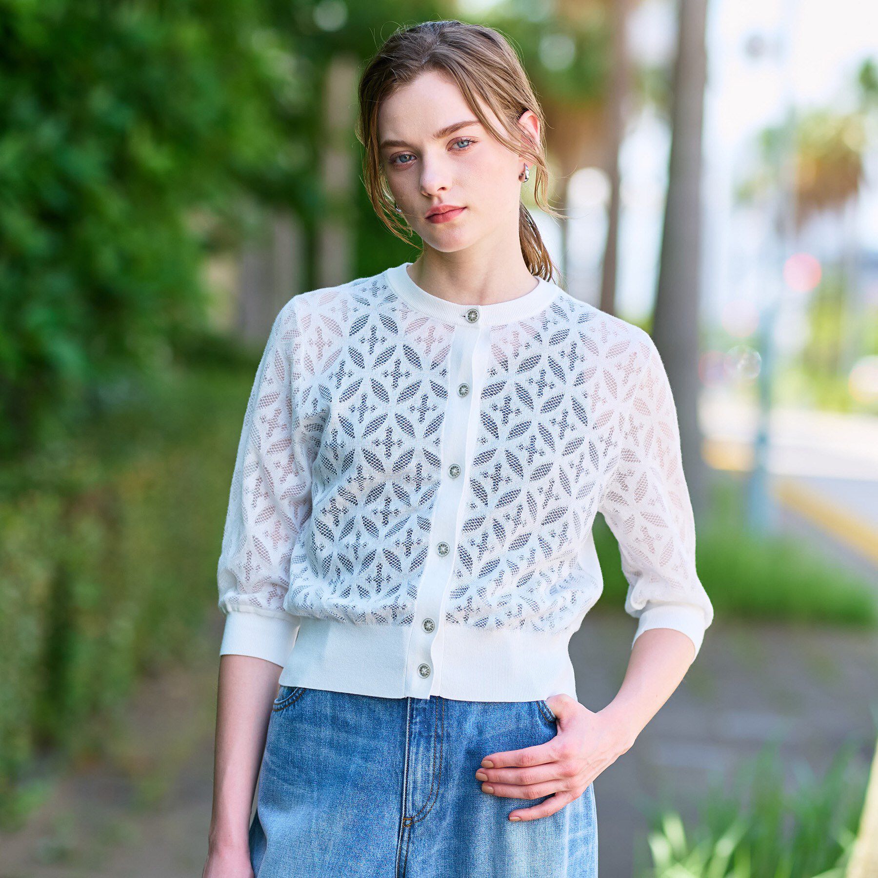 DRESSTERIOR「【洗える/シアー素材】オーバーラップレースハーフスリーブ」|カーディガン|