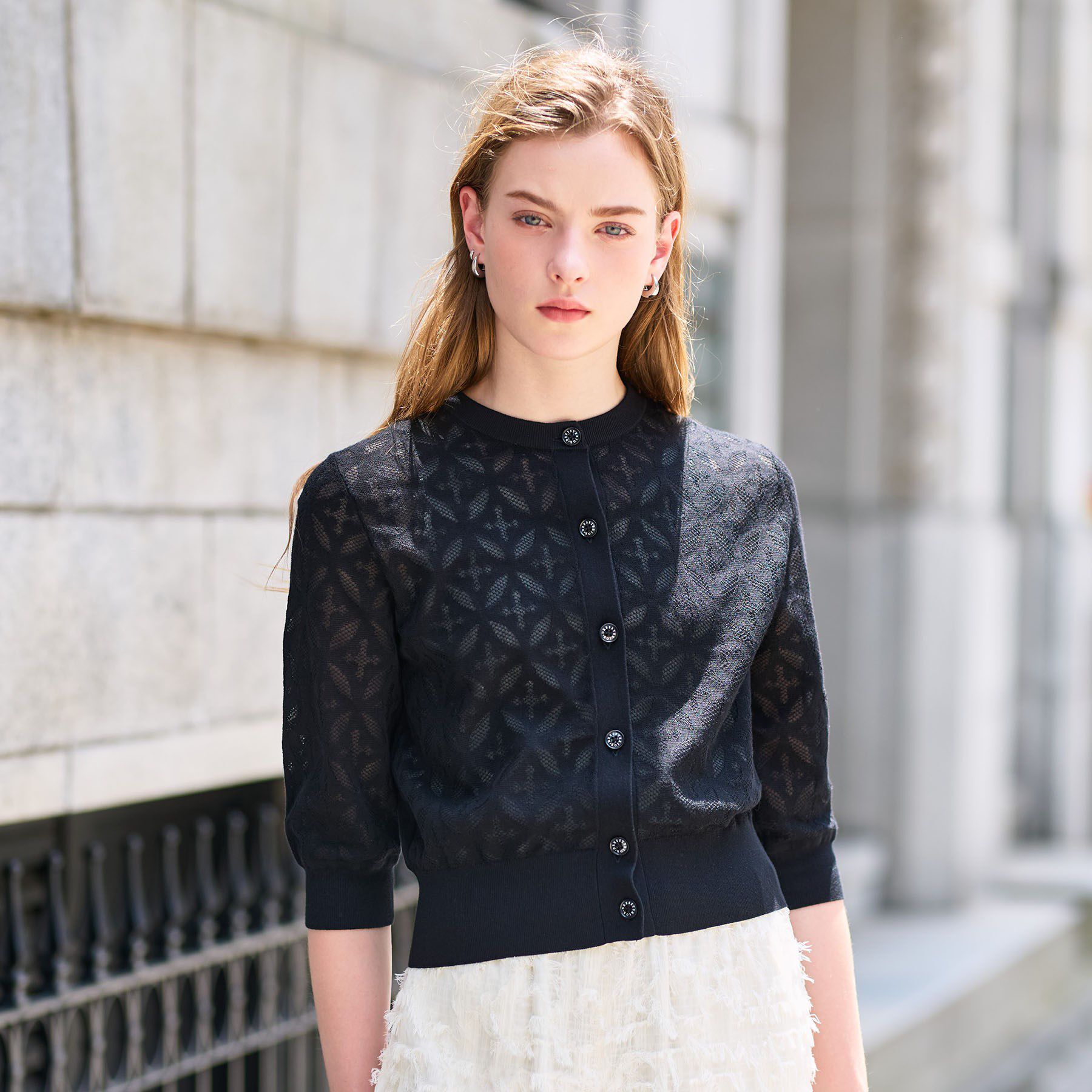 DRESSTERIOR「【洗える/シアー素材】オーバーラップレースハーフスリーブ」|カーディガン|ブラック(019)