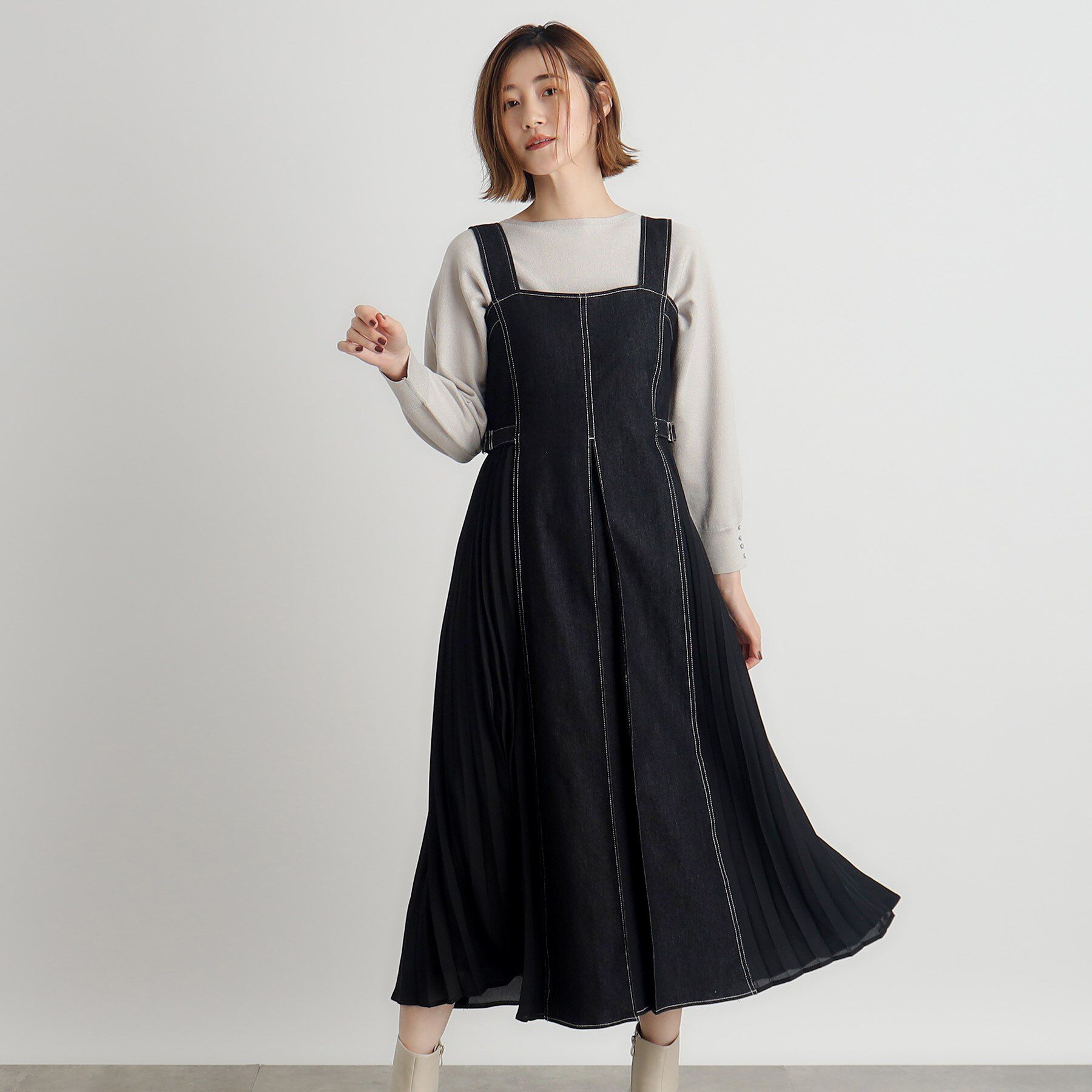 grove「デニムサイドプリーツジャンドレ」|ワンピース|ブラック(019)