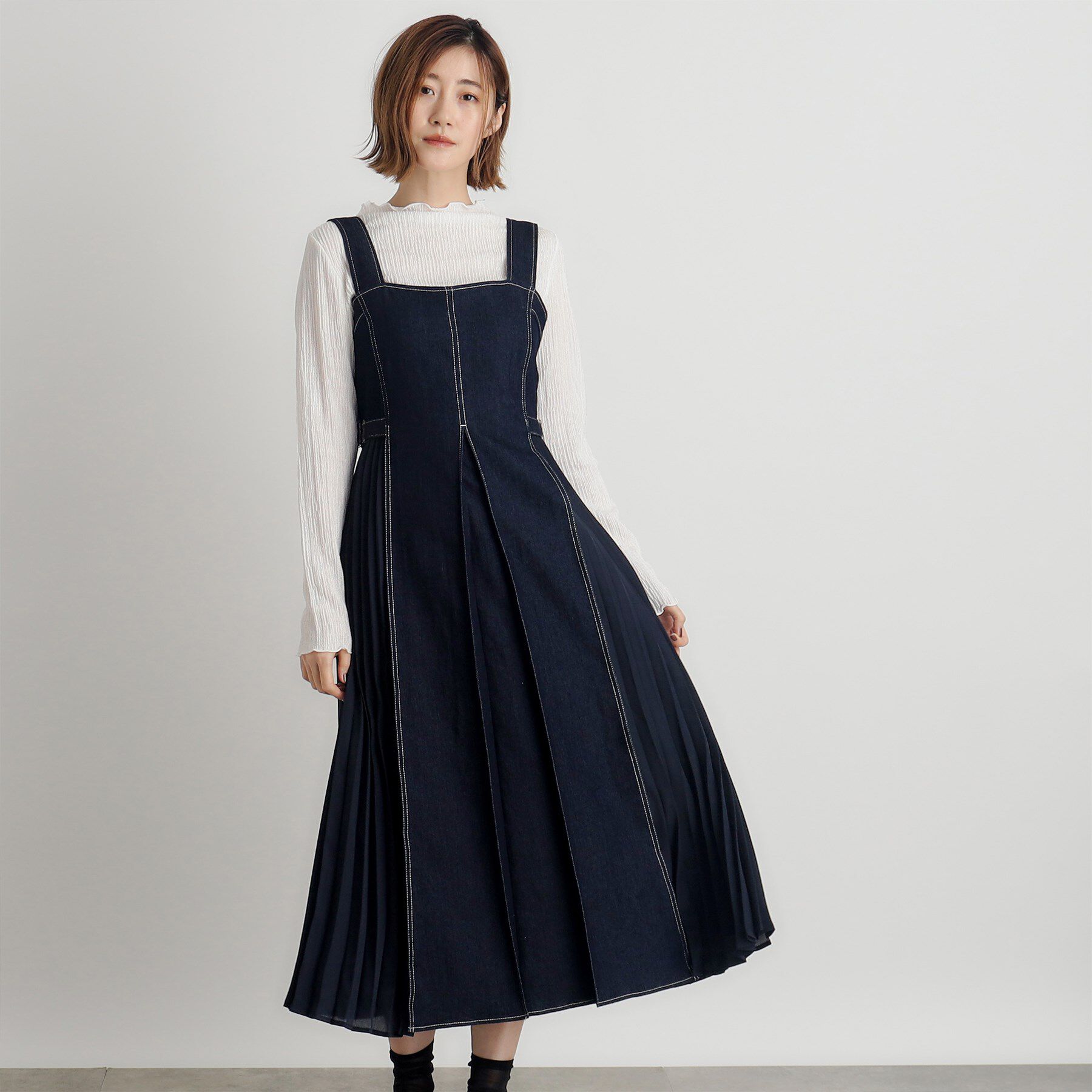 grove「デニムサイドプリーツジャンドレ」|ワンピース|ネイビー(094)