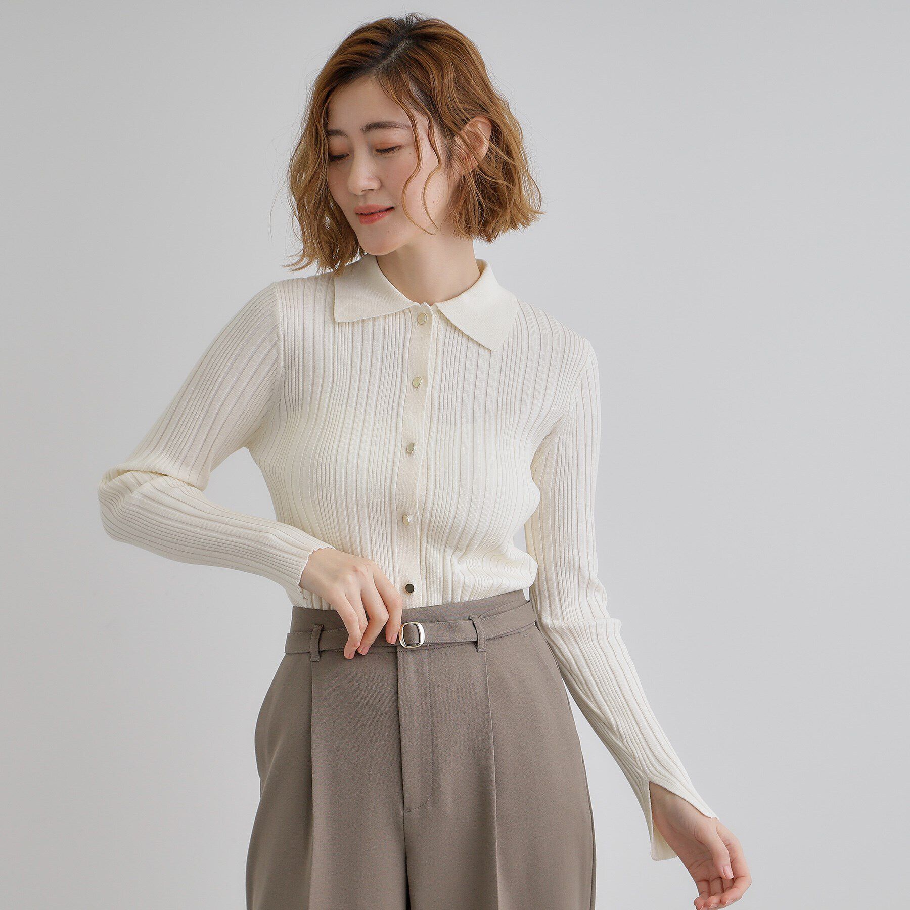 grove「ワイドリブポロニット」|ニット・セーター|グレージュ(050)