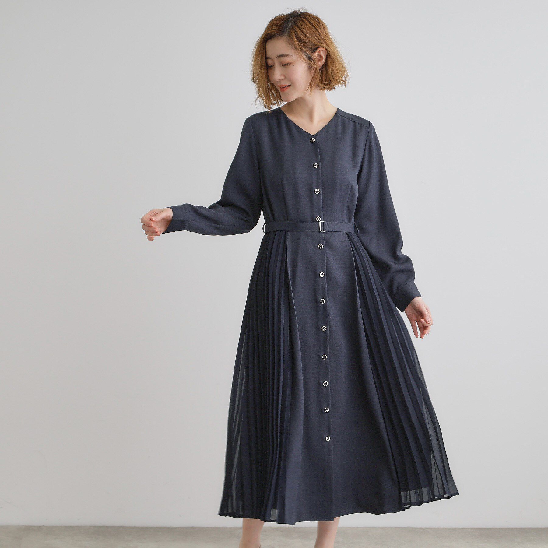 grove「サイドプリーツシャツワンピース」|ワンピース|ネイビー(094)