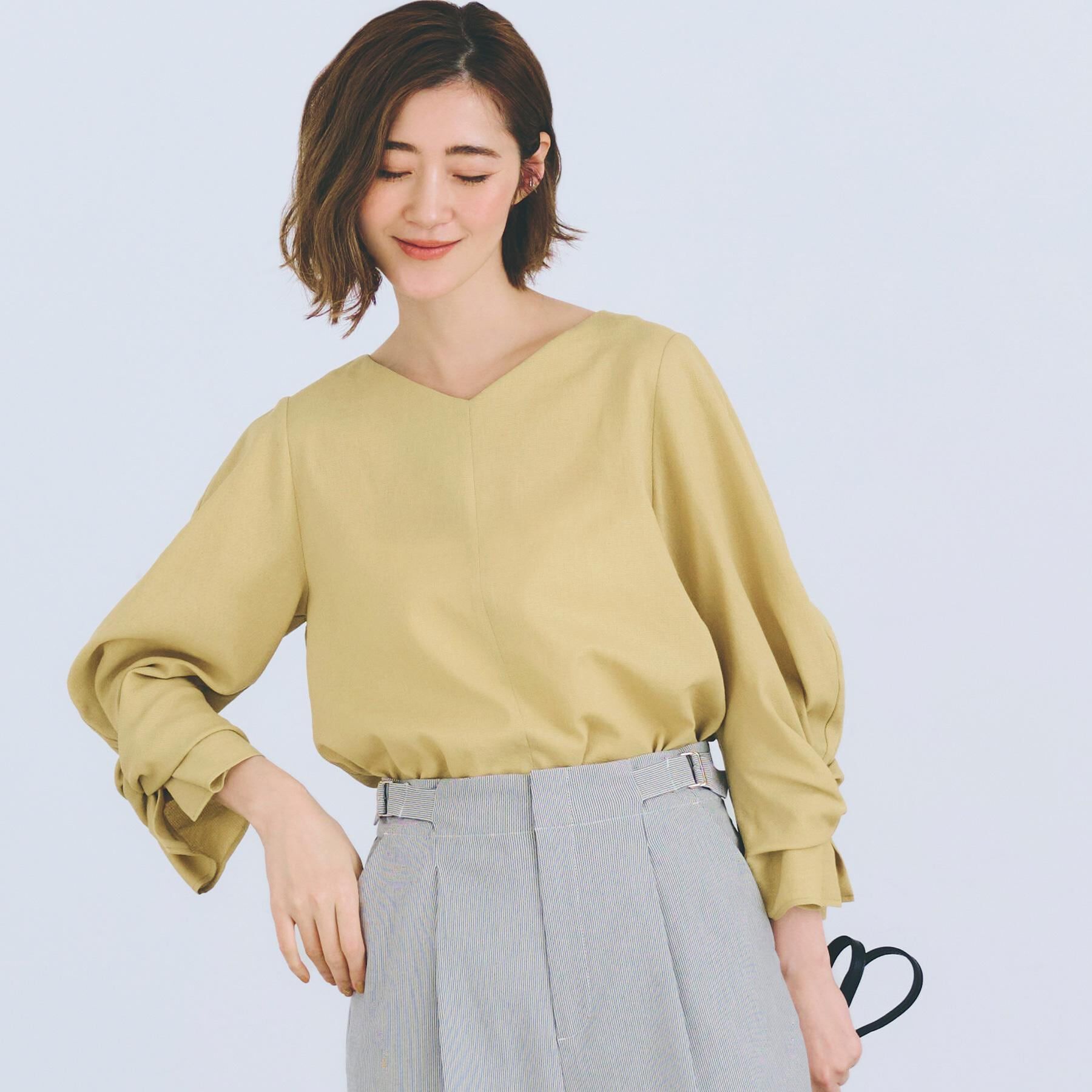 grove「【毎日着たい】麻調メッシュ袖コンシャスブラウス」|シャツ・ブラウス|イエロー(031)