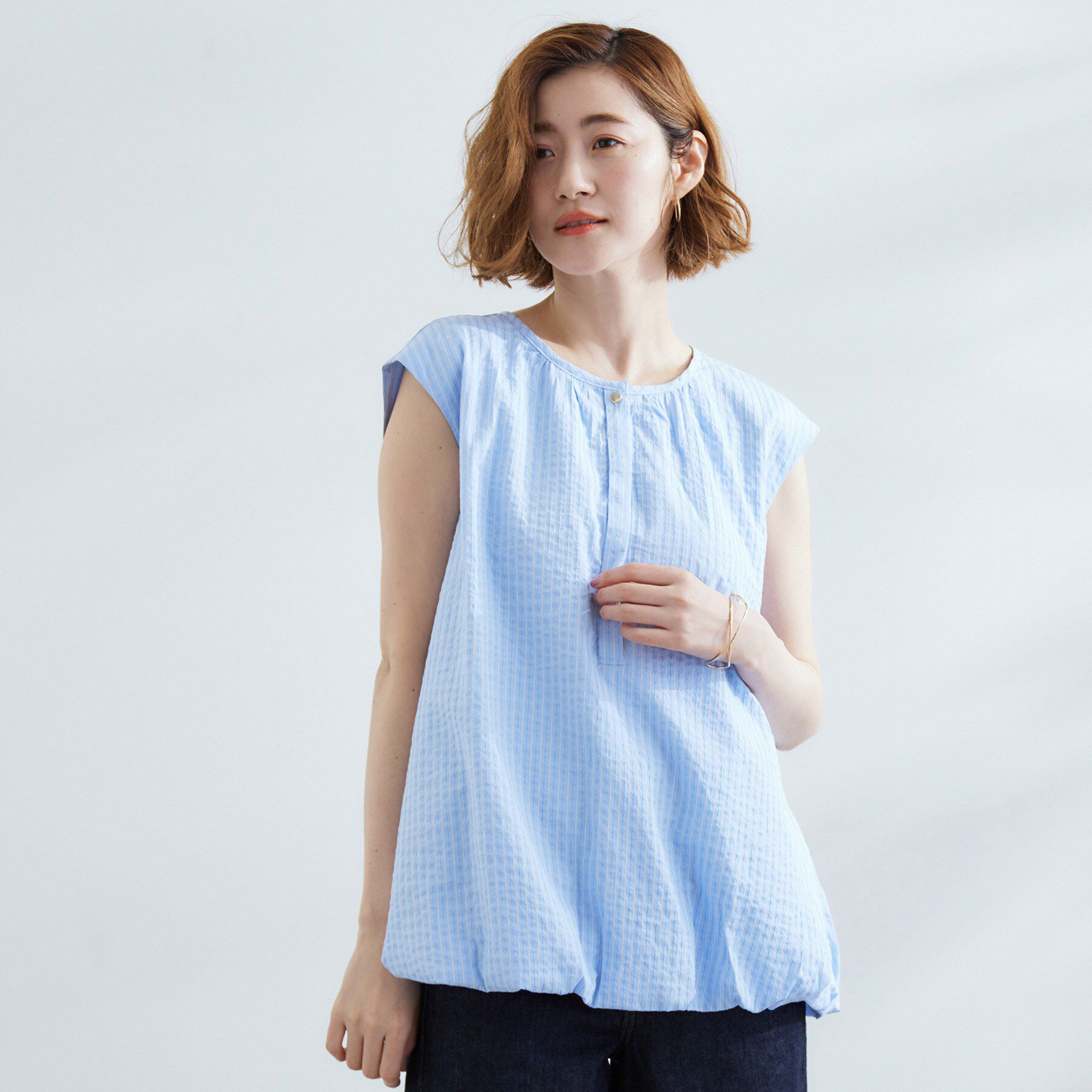 grove「裾のボリュームが今年気分　ストライプバルーンブラウス」|シャツ・ブラウス|ブルー(393)