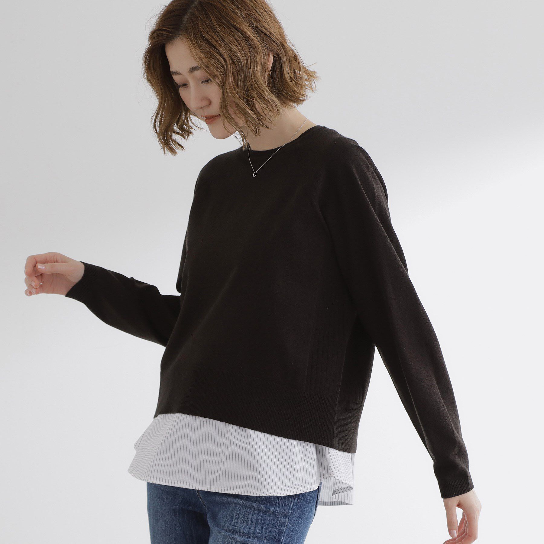 grove「最終お値下げ！！【洗える/毛玉軽減】天竺ラグランスリーブプルオーバー」|ニット・セーター|ブラック(819)