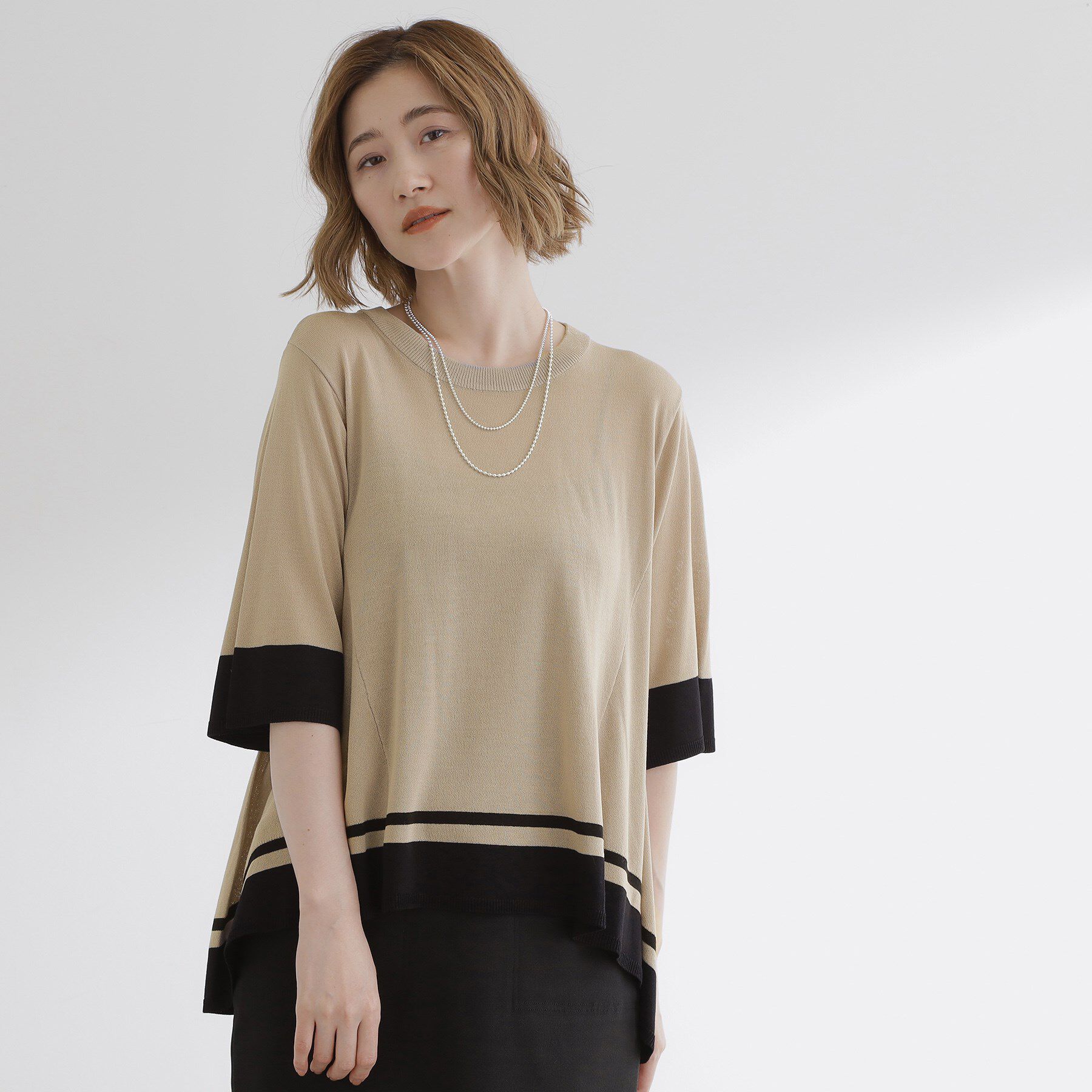 grove「涼やか体型カバー　配色シアーニットプルオーバー」|ニット・セーター|グレー&times;ブラック(5