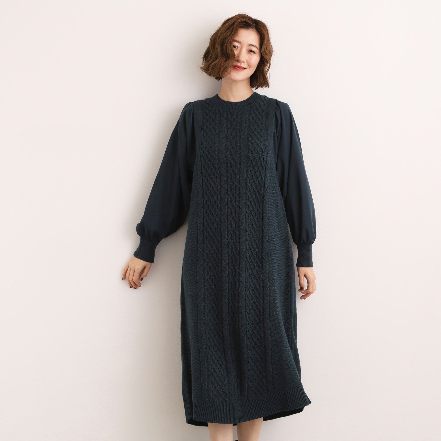 grove「一枚で華やぐ、袖布帛ケーブルニットワンピース」|ワンピース|