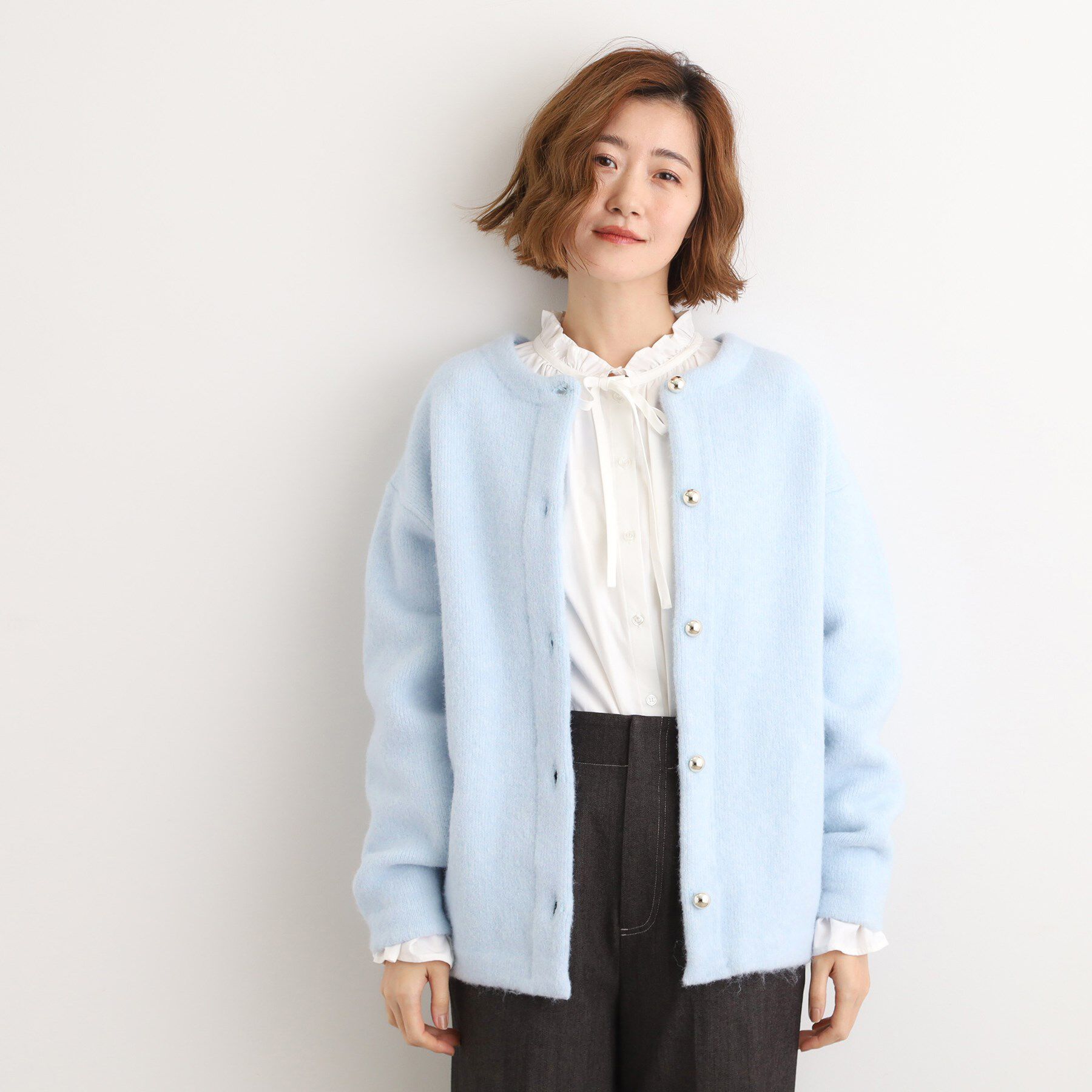 grove「ふっくらやわらかく、毛混オーバーニットカーディガン」|カーディガン|サックス(090)