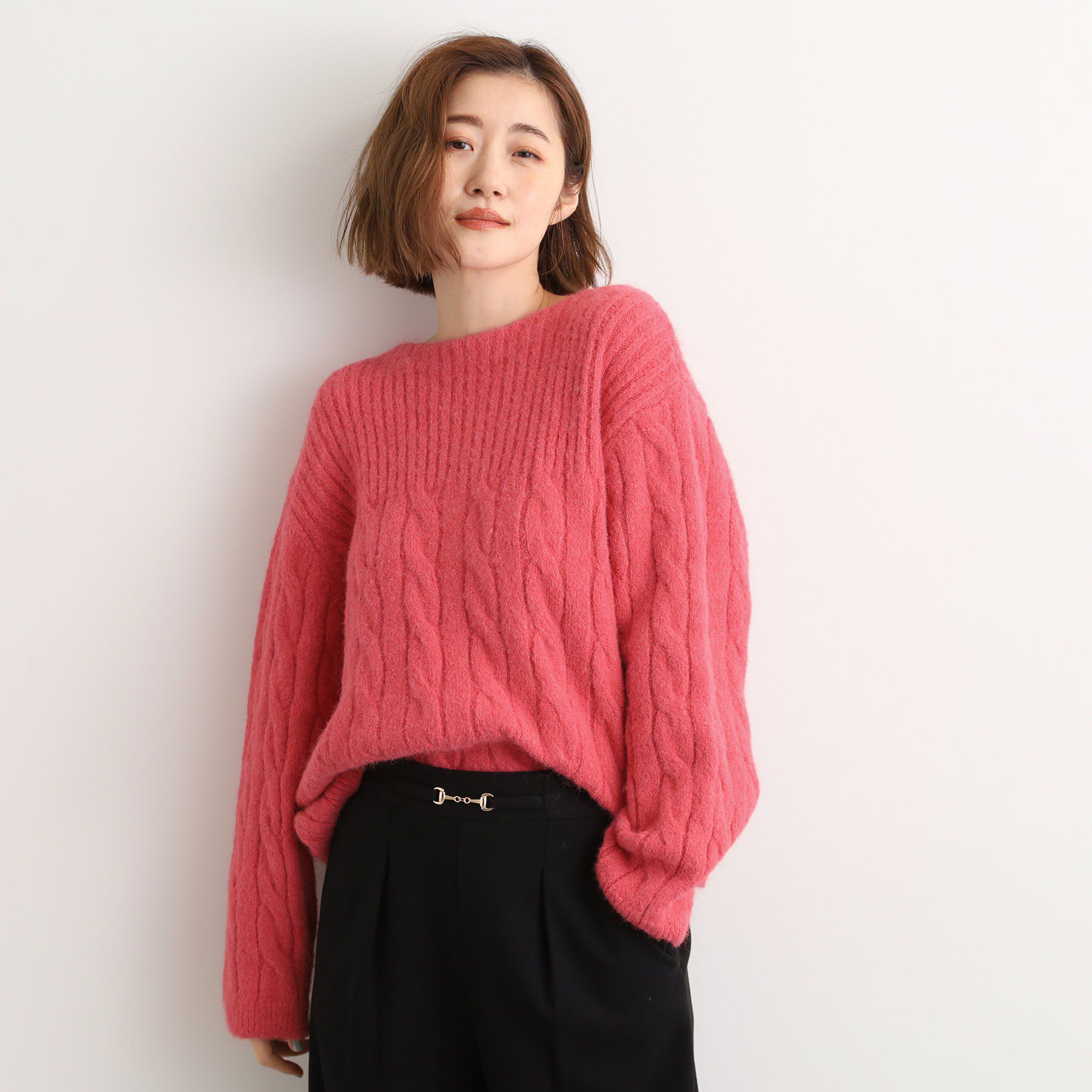 grove「ふんわり包み込む ケーブルボートネックニット」|ニット・セーター|レッド(063)