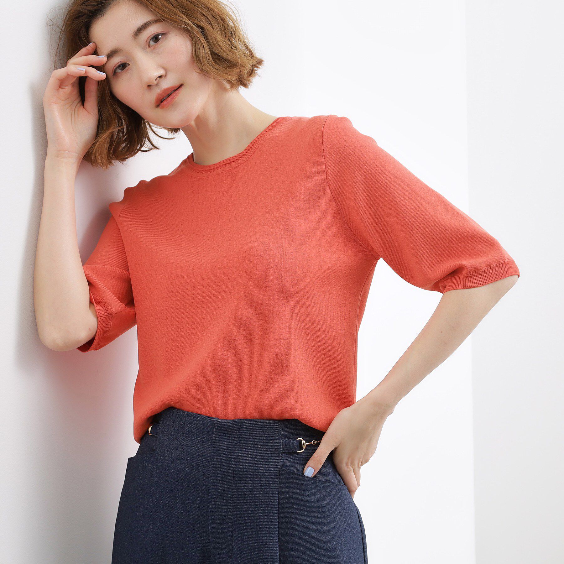 grove「【貴島明日香さん着用・シリーズ累計34万枚】やわらかドライタッチ 五分袖クルーネックニット」|ニット・セーター|レッド(061)