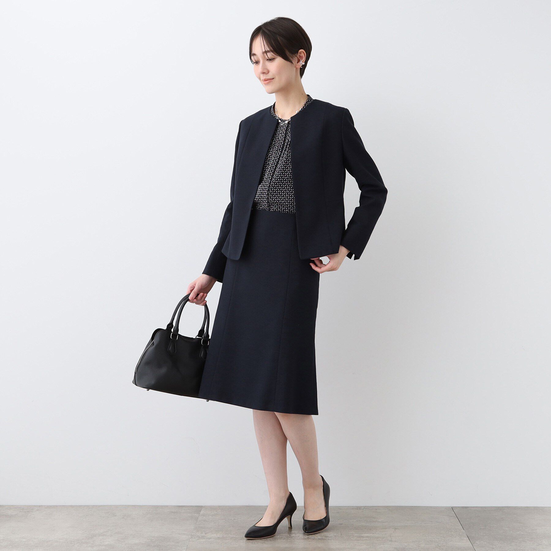 INDIVI「【洗える】ストレッチツィードジャケット」|ノーカラージャケット|