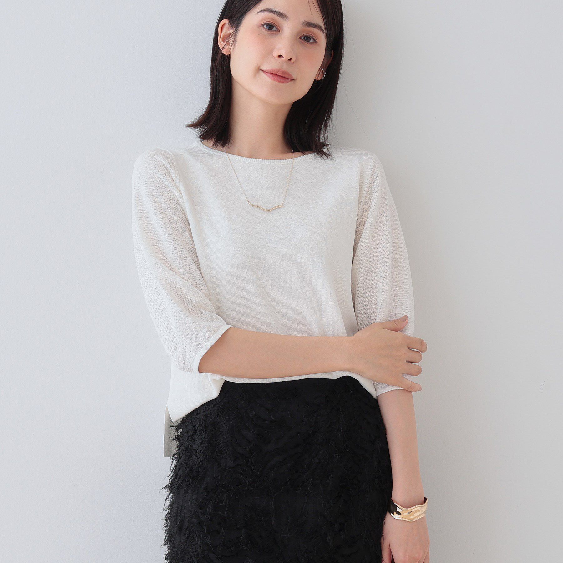 INDIVI「【洗える／和紙混素材／SETUP可能】バルーンスリーブニット」|ニット・セーター|ホワイト(001)