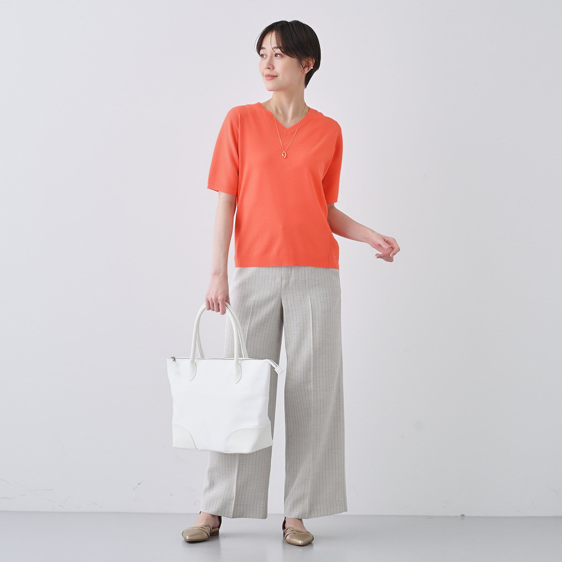 INDIVI「【洗える／清涼感】レーヨンストレッチ 安心丈の半袖ニット」|ニット・セーター|