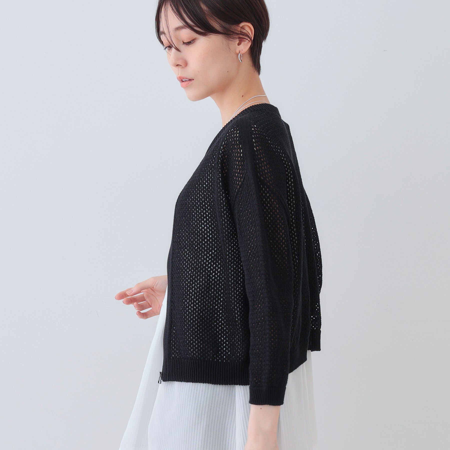 INDIVI「【洗える／コットン100％】メッシュ柄ニットブルゾン」|カーディガン|