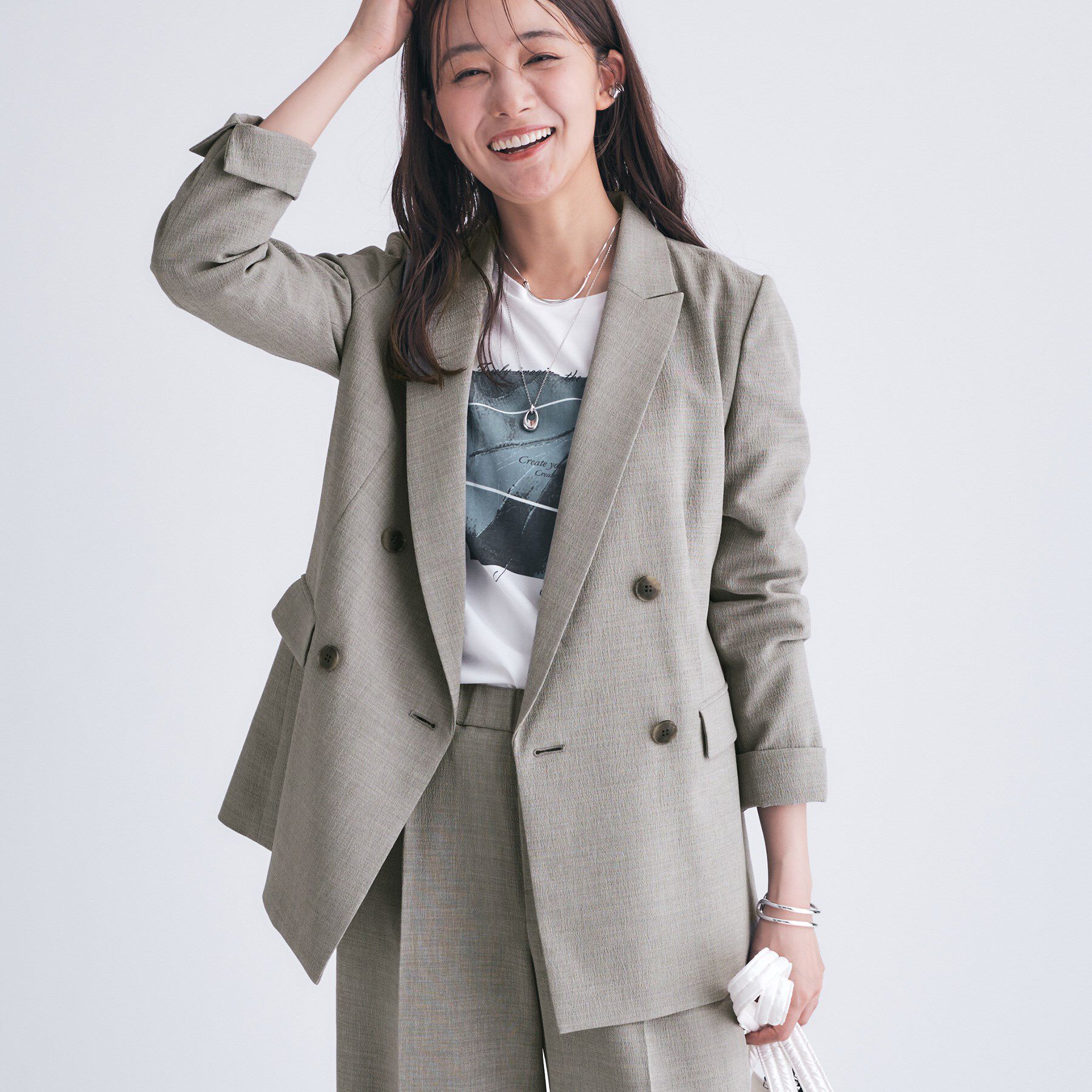 INDIVI「【洗える／セットアップ可能】凹凸ストレッチ素材ダブルジャケット」|テーラードジャケット|ライトグレー(611