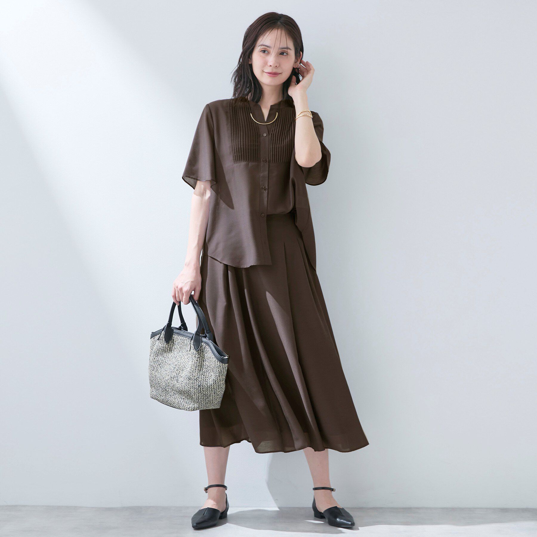 INDIVI「【洗える／SETUP可能】シアーシャンブレータックフレアスカート」|スカート|