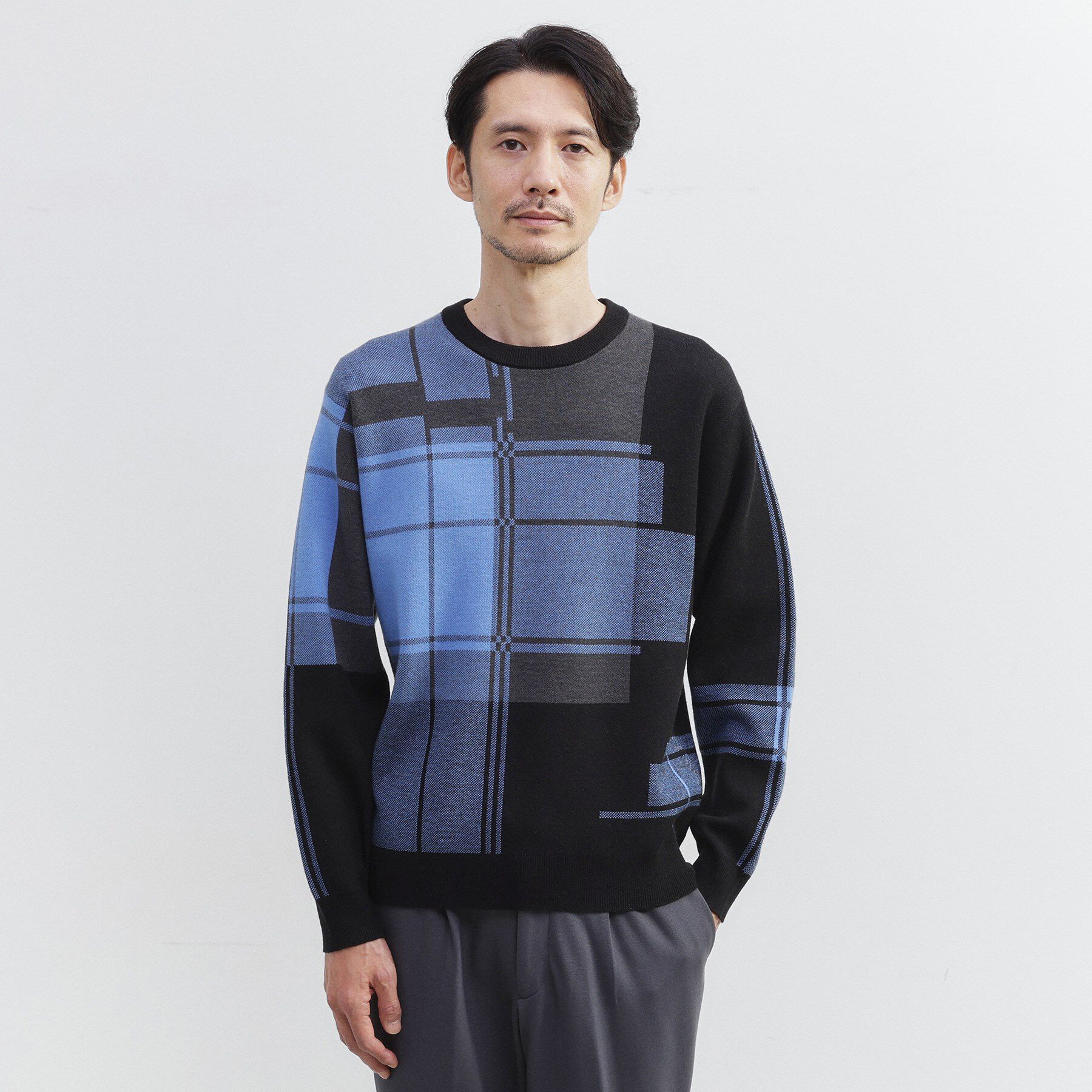 TAKEO KIKUCHI「ランダム チェック ジャカード ニット」|ニット・セーター|ブラック(219)