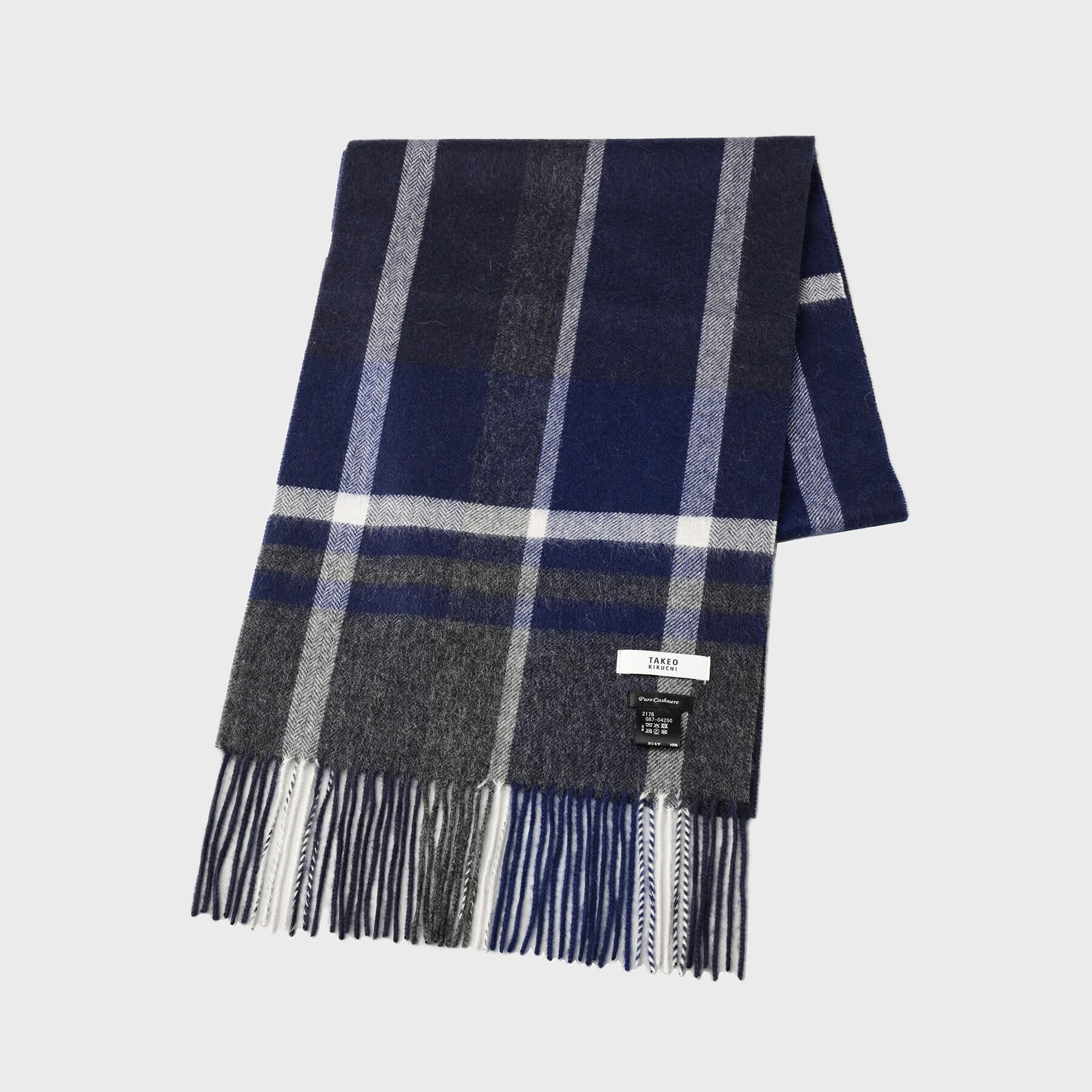 TAKEO KIKUCHI「チェックカシミヤマフラー」|ストール|ネイビー(294)