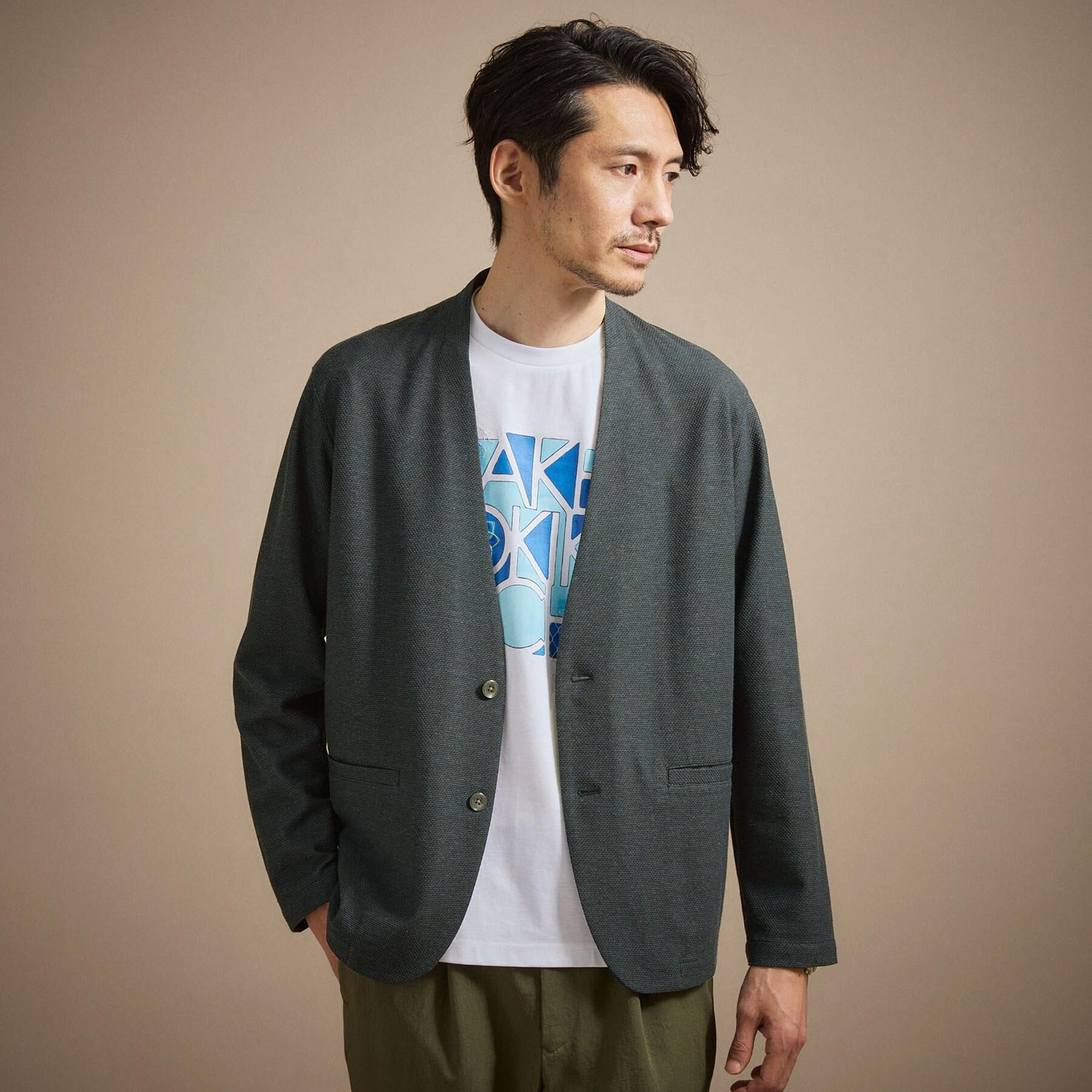 TAKEO KIKUCHI「【抗菌防臭】バーズアイメッシュノーカラージャケット」|カーディガン|ブルー(093)