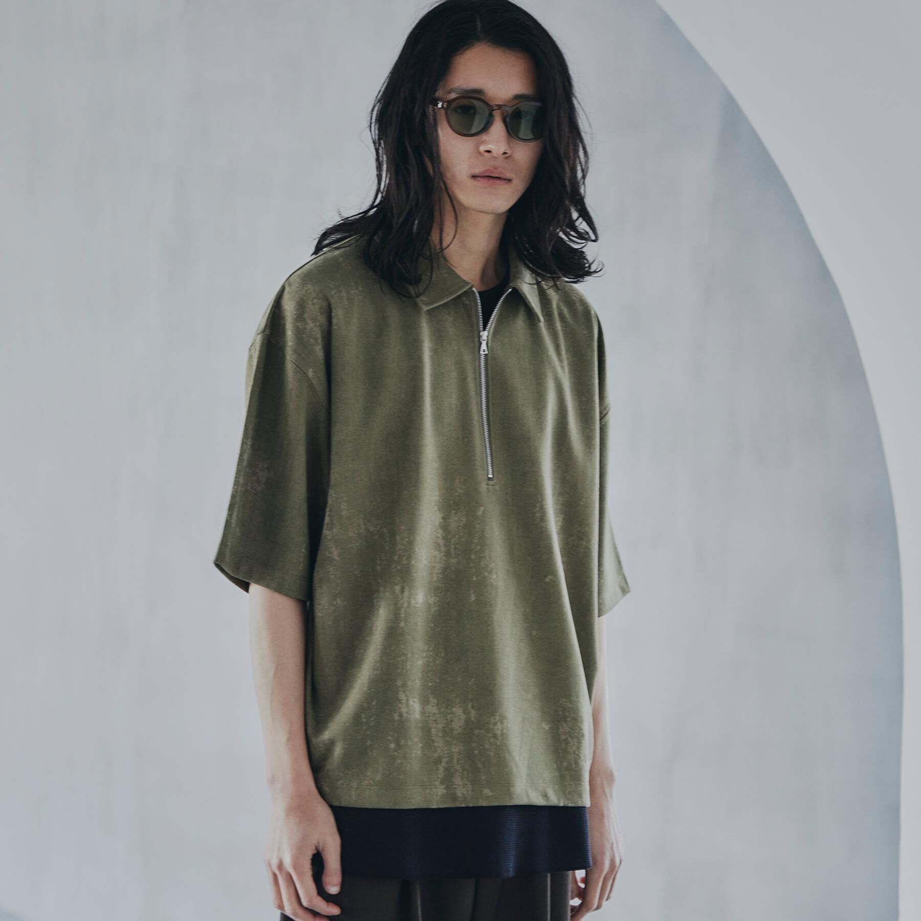 tk.TAKEO KIKUCHI「ヴィンテージライクハーフジップポロシャツ」|ポロシャツ|オリーブグリーン(0