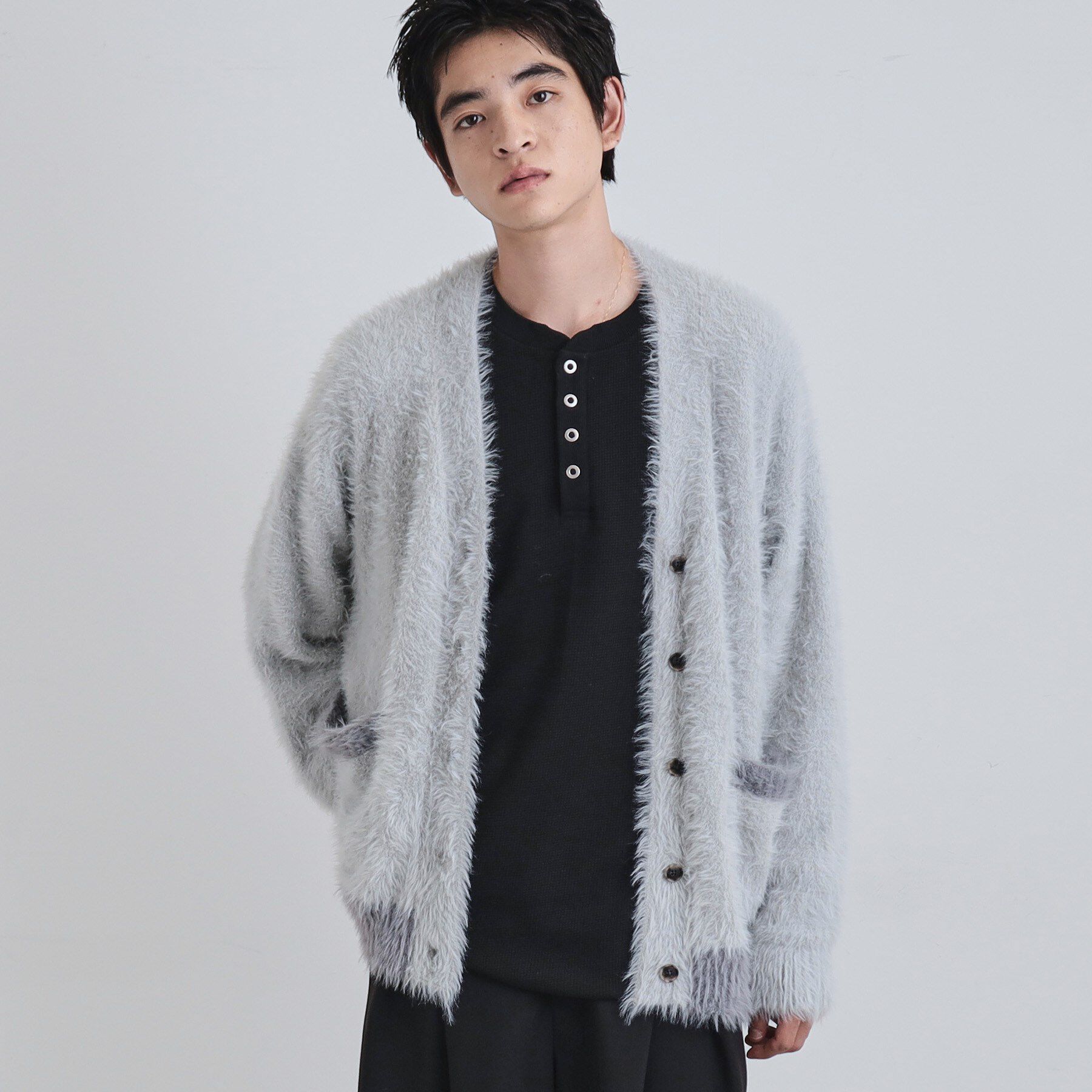 tk.TAKEO KIKUCHI「バイカラーフェザーニットカーディガン」|カーディガン|