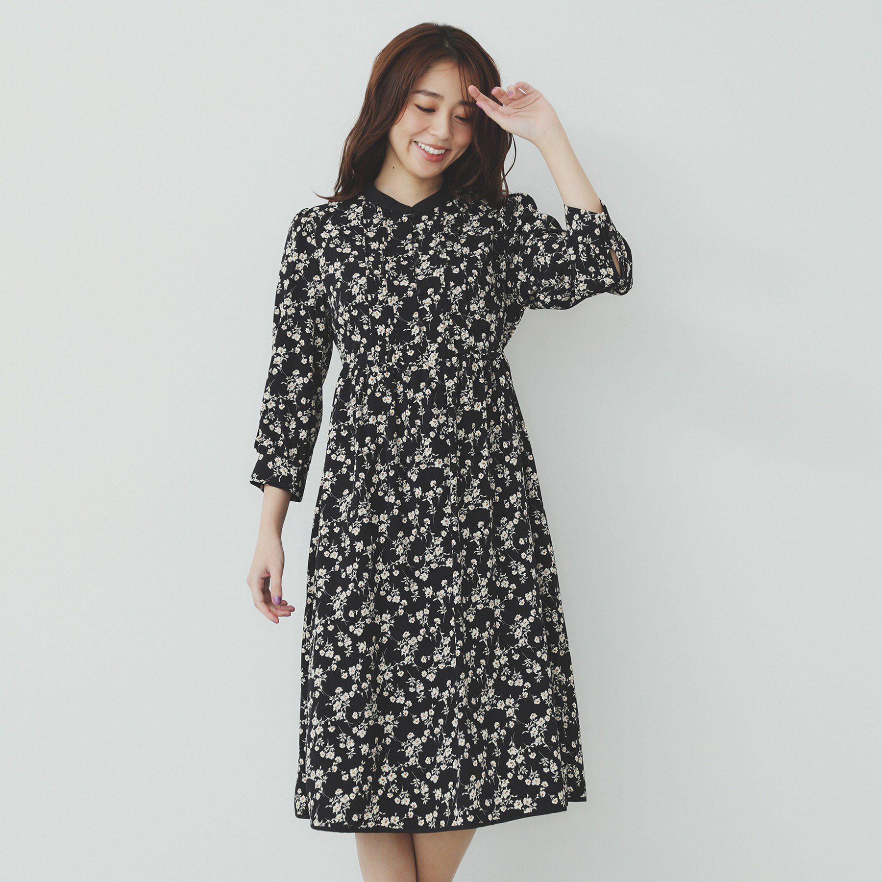 index「ミニフラワープリント バイカラーワンピース【洗濯機洗い可/イージーアイロン/防シワ】」|ワンピース|