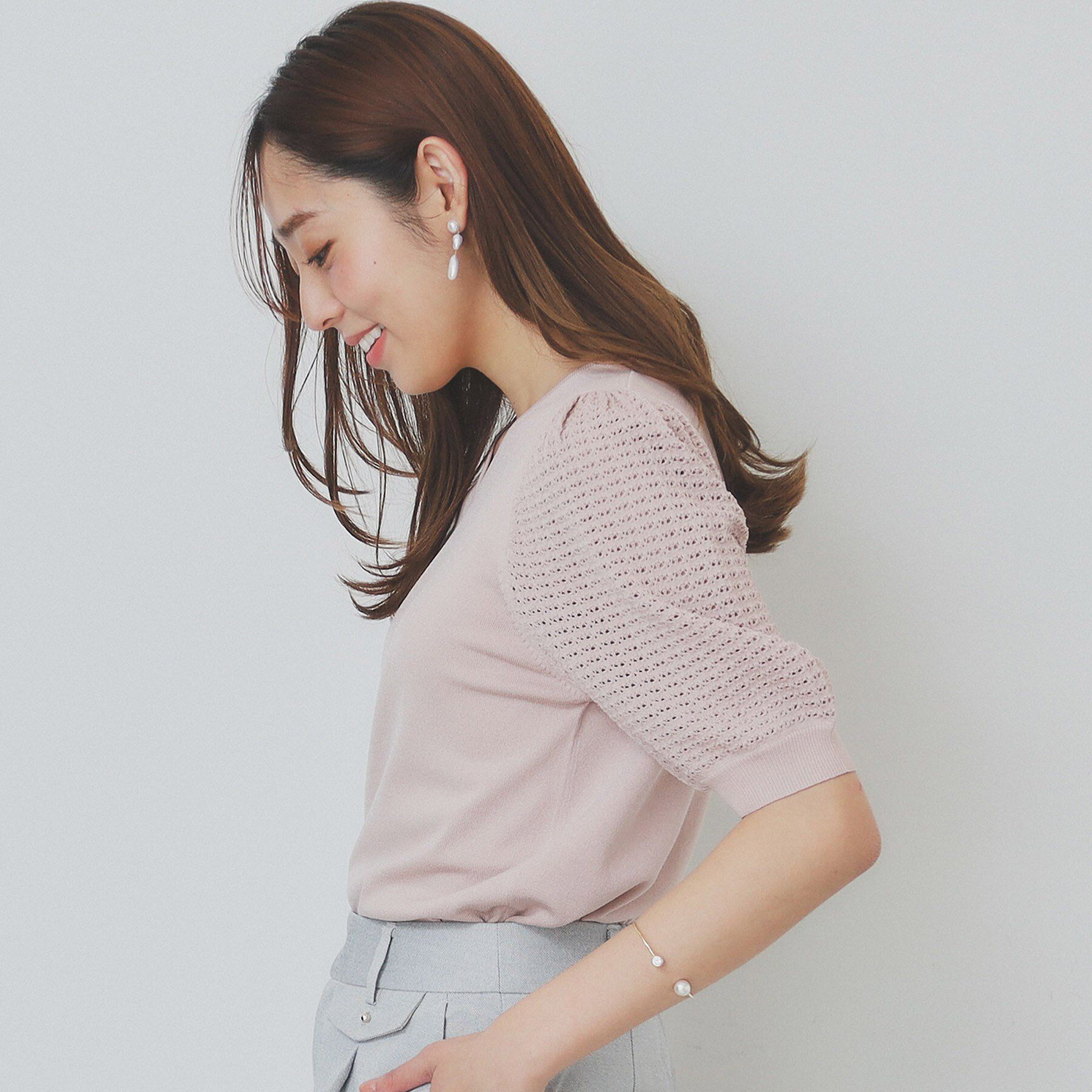 index「《5色展開》柄編みスリーブVネックニット【洗濯機洗い可】」|ニット・セーター|