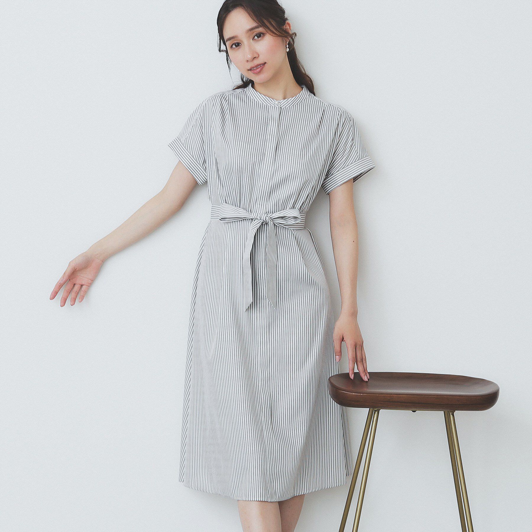 index「《XS-LLサイズ》マルチストライプシャツワンピース【洗濯機洗い可/イージーアイロン/防シワ】」|ワンピース|アイボリー(304)