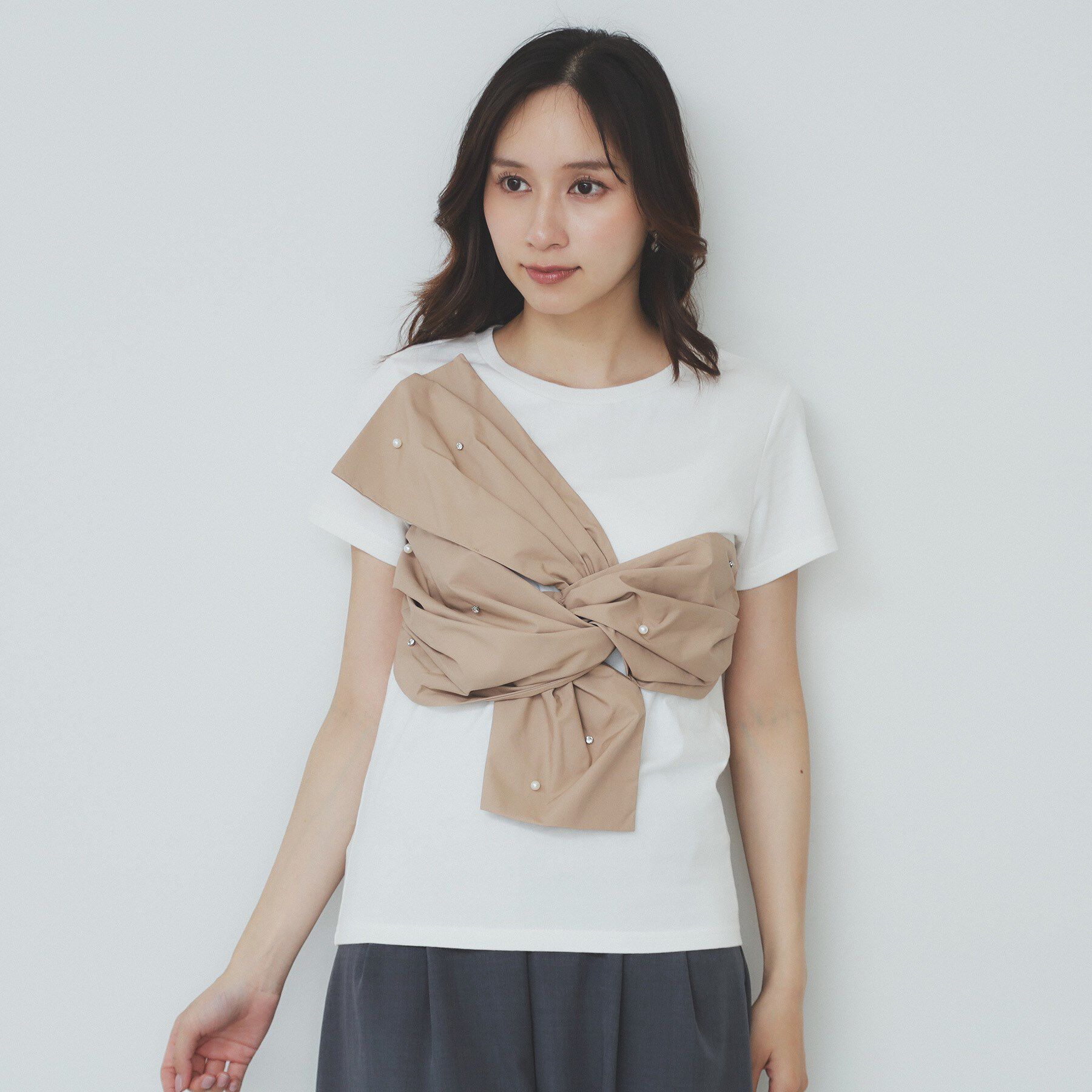 index「パール調アシメドッキングTシャツ【洗える/接触冷感】」|Tシャツ・カットソー|