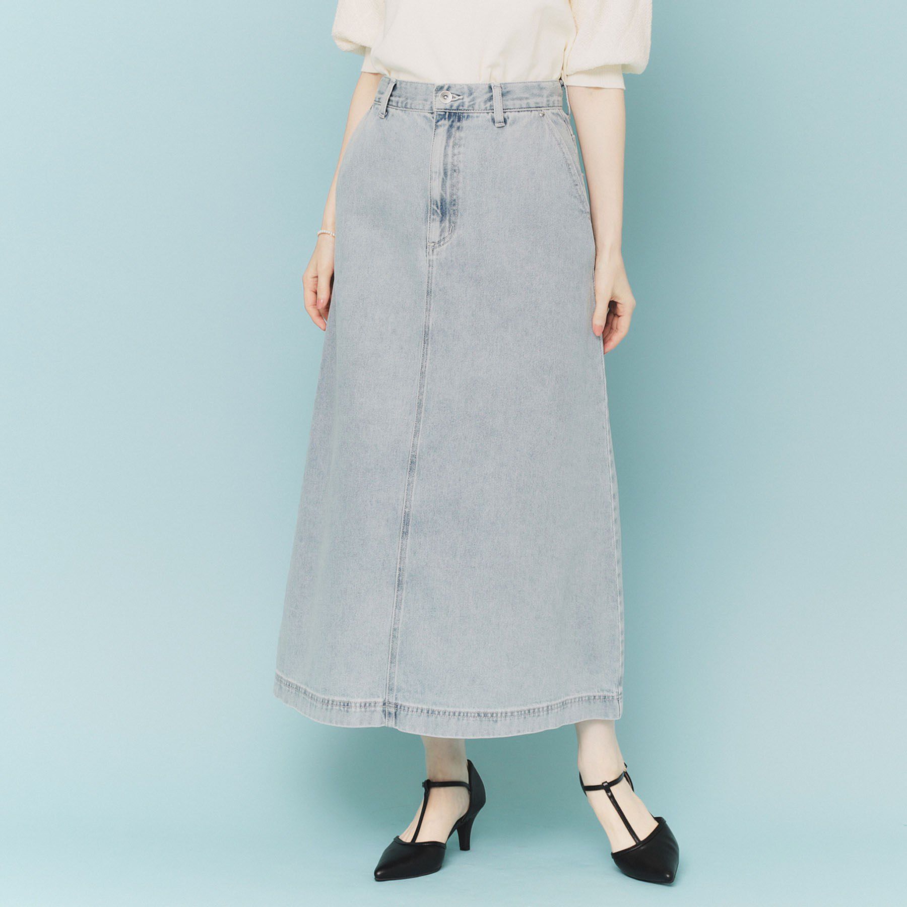 index「《丈が選べる》Aラインデニムロングスカート【洗濯機洗い可】」|スカート|ブルー(091)