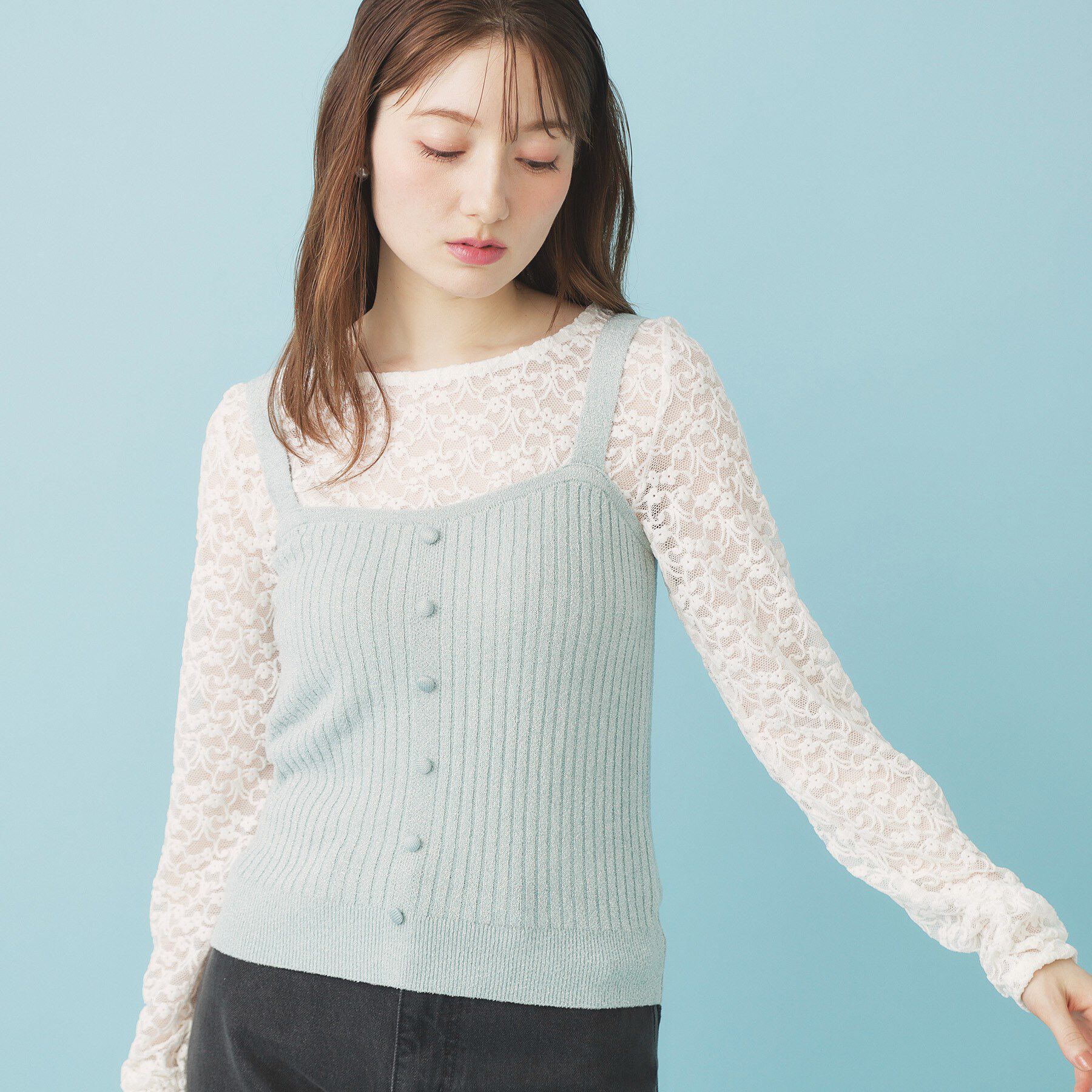 index「ミニモールラメビスチェキャミ/アンサンブル対応【洗濯機OK】」|ニット・セーター|ミントグリーン(02