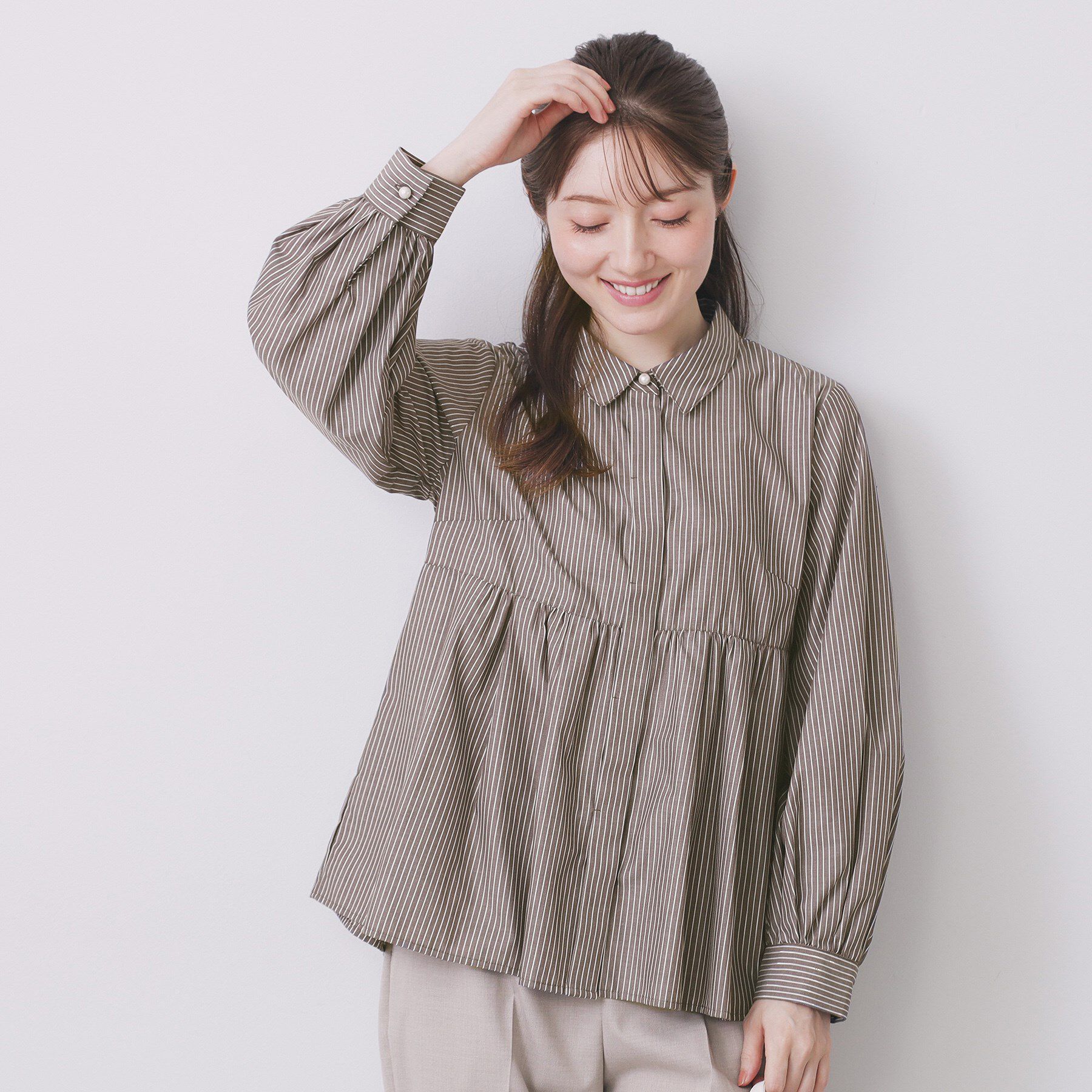 index「ラメストライプ衿付きペプラムブラウス【洗濯機OK/イージーアイロン/防シワ】《6col》」|シャツ・ブラウス|ブラウン(344)