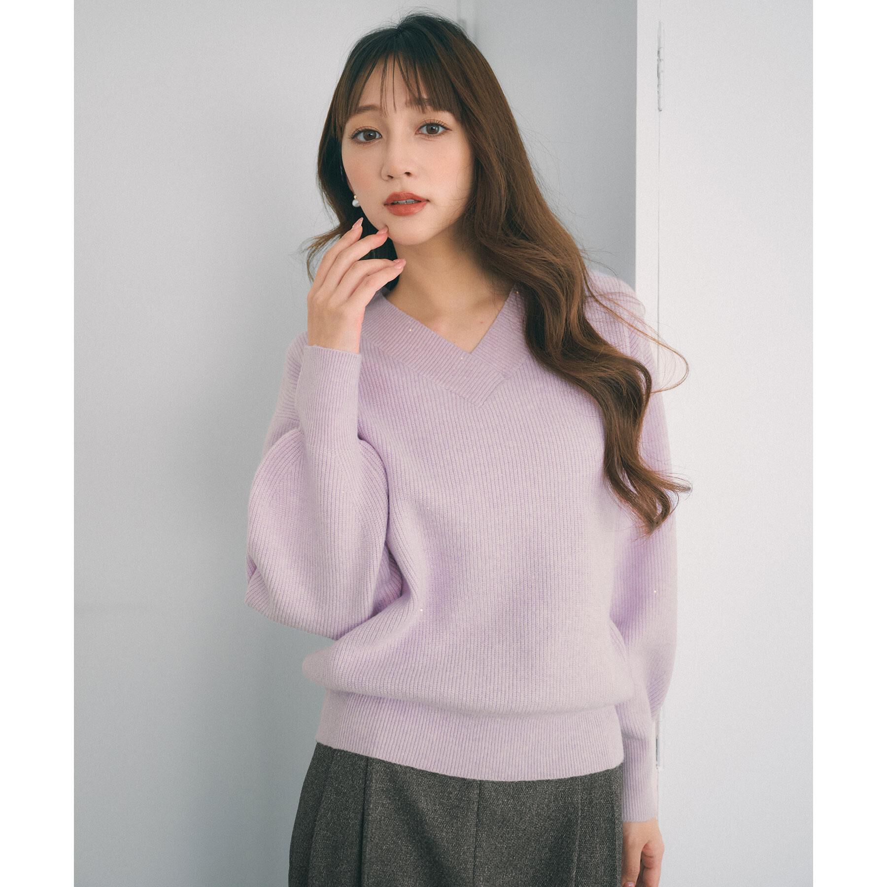 index「片畦Vネックボクシーパフニット【洗濯機OK】」|ニット・セーター|