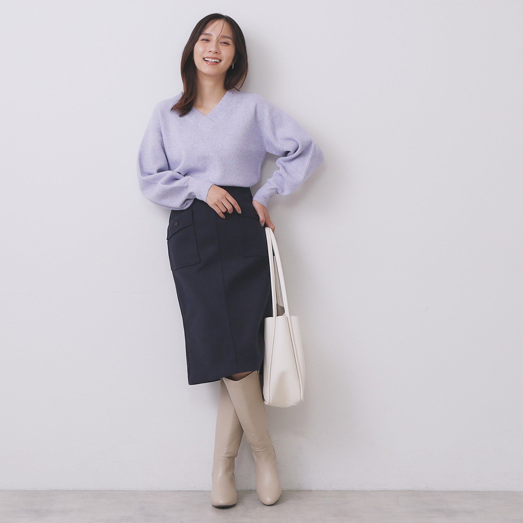 index「片畦Vネックボクシーパフニット【洗濯機OK】」|ニット・セーター|