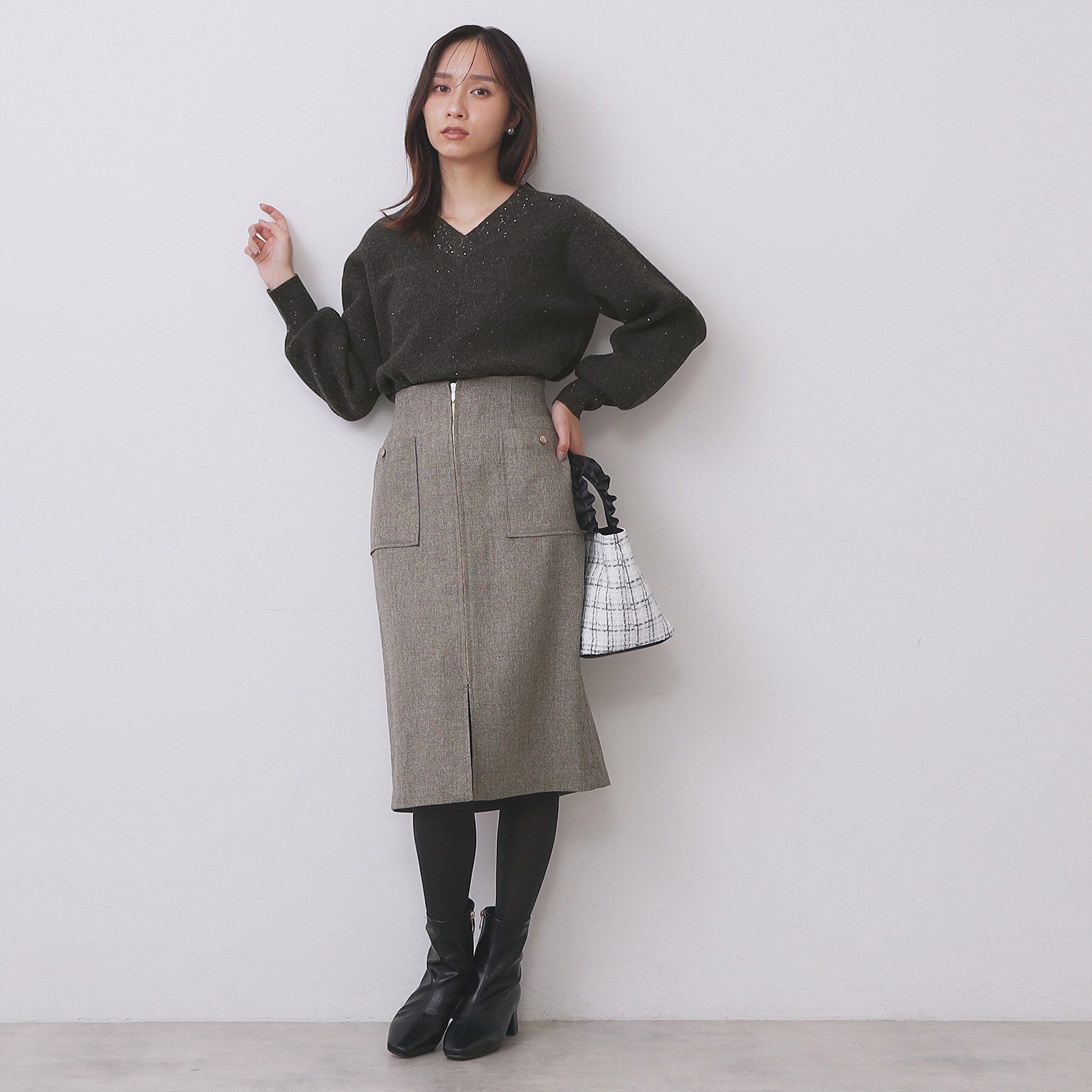 index「片畦Vネックボクシーパフニット【洗濯機OK】」|ニット・セーター|