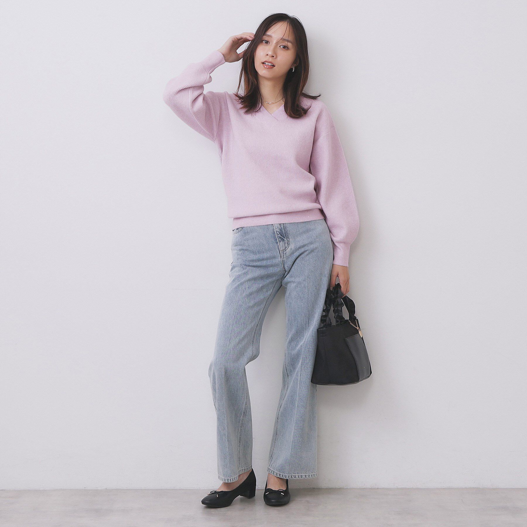 index「片畦Vネックボクシーパフニット【洗濯機OK】」|ニット・セーター|